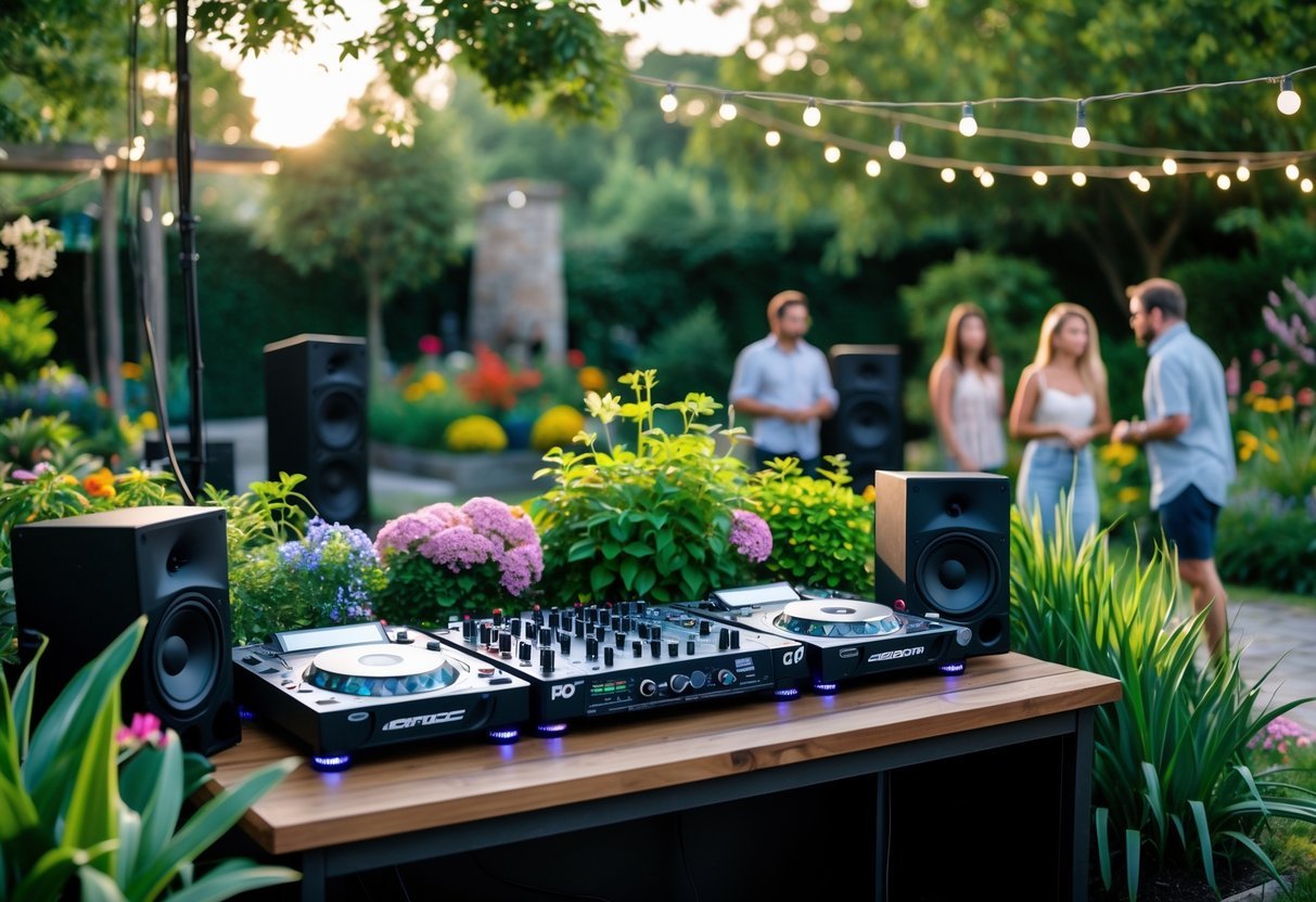 27+ Garden Music Ideas to Elevate Your Outdoor Space for US Homeowners 20 Outdoor garden DJ booth with music equipment surrounded by plants and flowers, with people enjoying the music nearby.
