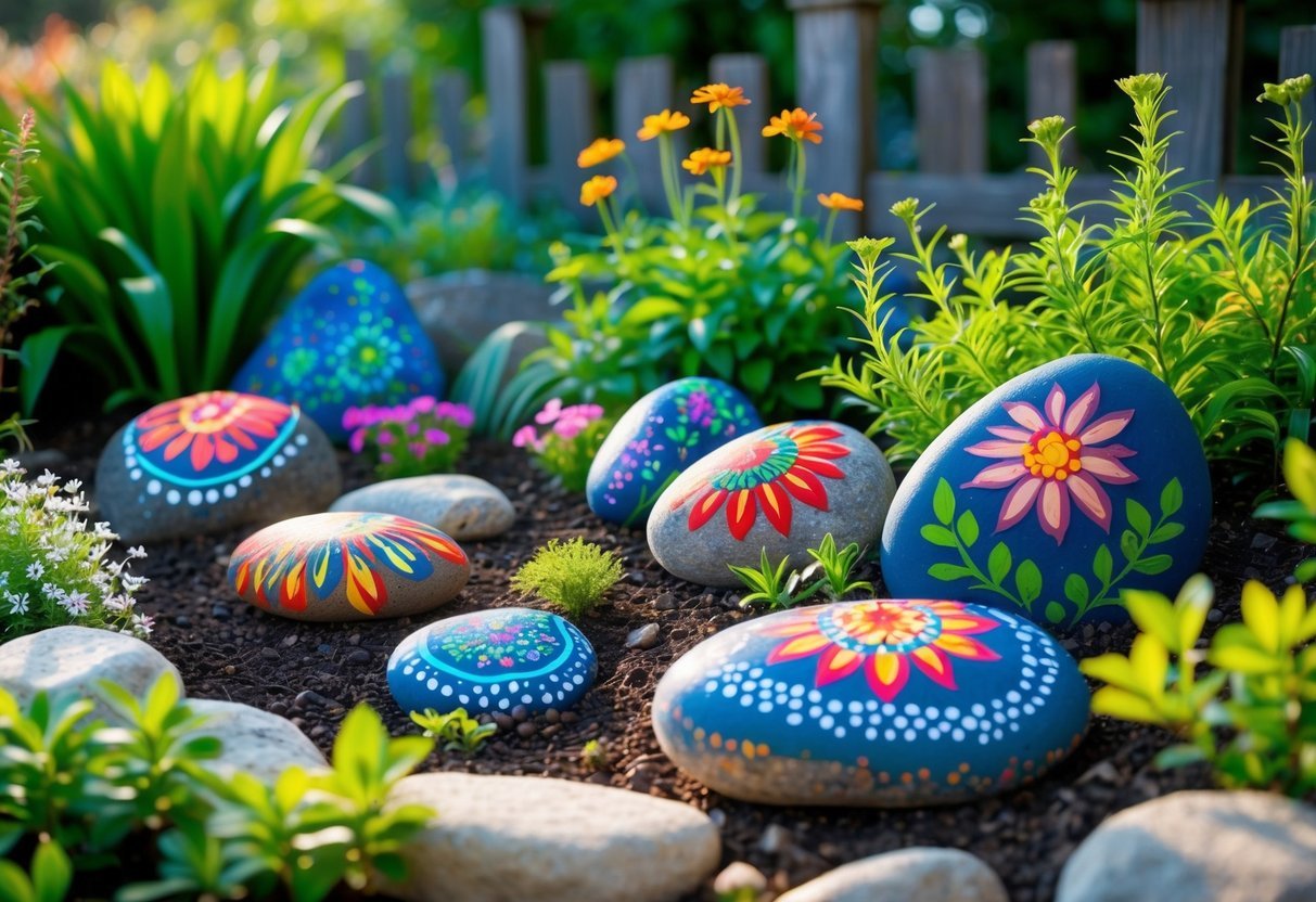 25+ Painted Rocks Garden Ideas: Stunning Designs to Transform Your Yard in the US 2 A garden bed with colorful painted rocks placed among green plants and flowers.