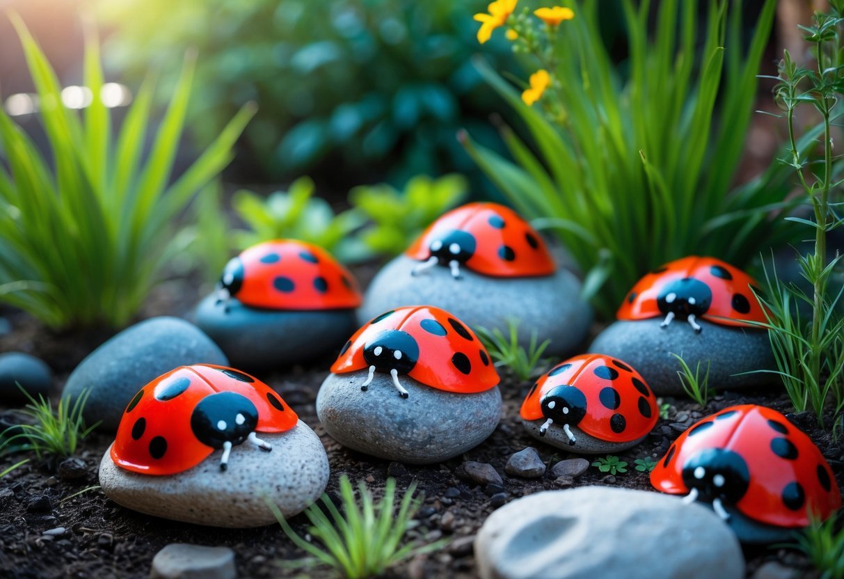 25+ Painted Rocks Garden Ideas: Stunning Designs to Transform Your Yard in the US 3 A garden scene with rocks painted to look like ladybugs placed among grass and plants.