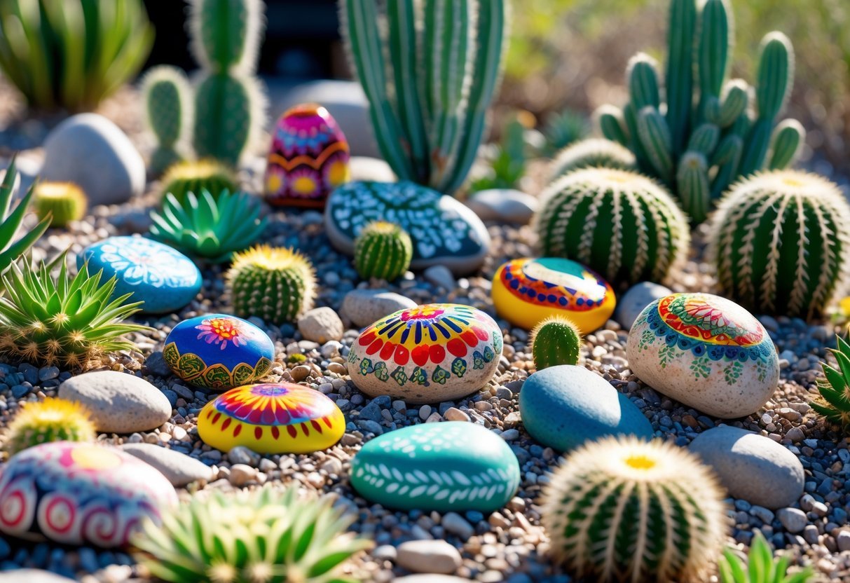 25+ Painted Rocks Garden Ideas: Stunning Designs to Transform Your Yard in the US 4 A small garden with various cactus plants surrounded by colorful painted rocks arranged on gravel.