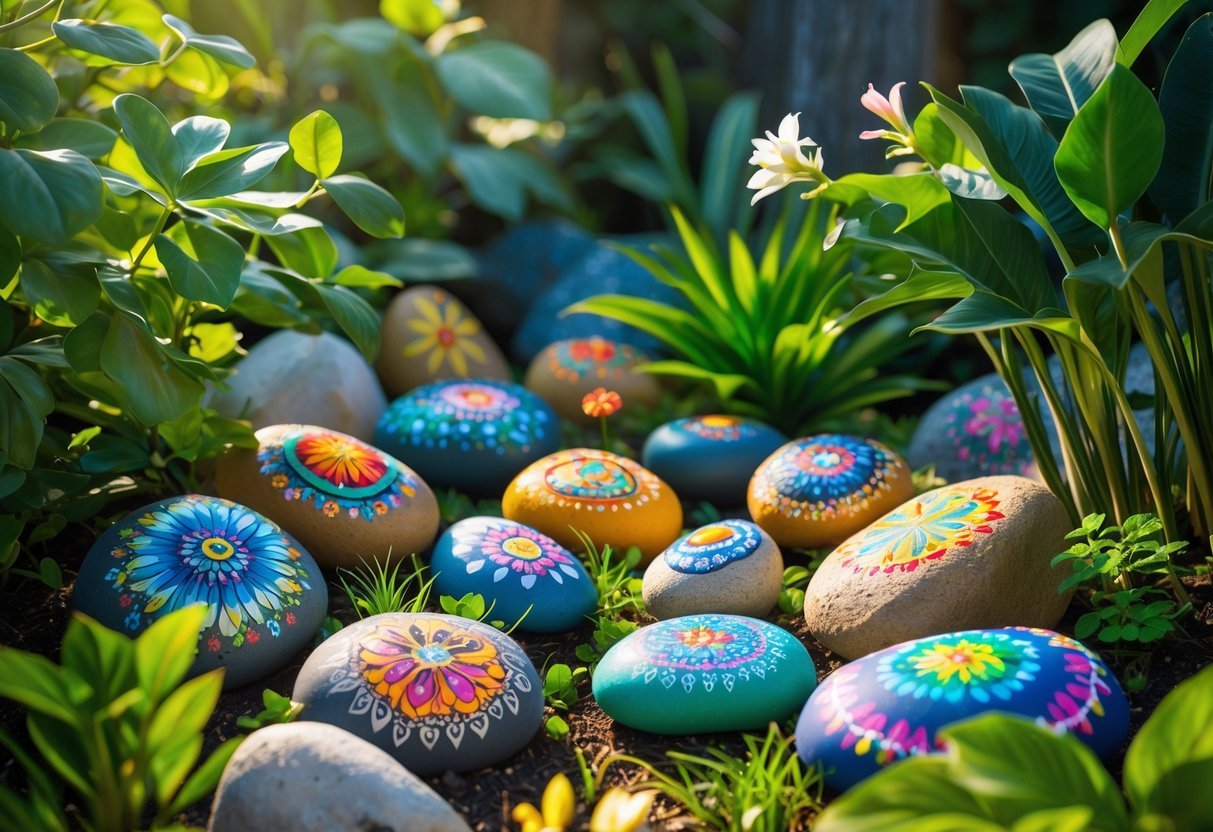 25+ Painted Rocks Garden Ideas: Stunning Designs to Transform Your Yard in the US 5 A garden with colorful painted rocks arranged among green plants and flowers.