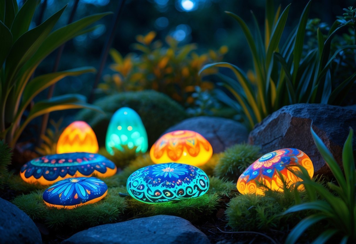 25+ Painted Rocks Garden Ideas: Stunning Designs to Transform Your Yard in the US 6 A garden at dusk with painted rocks glowing softly among green plants and moss.