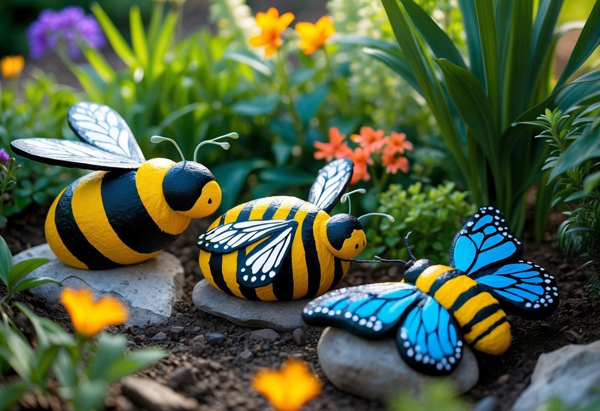 25+ Painted Rocks Garden Ideas: Stunning Designs to Transform Your Yard in the US 7 A garden with painted rocks resembling bees and butterflies placed among plants and flowers.