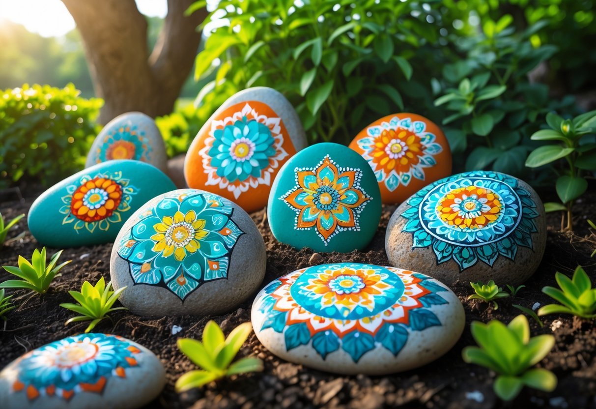 25+ Painted Rocks Garden Ideas: Stunning Designs to Transform Your Yard in the US 8 A garden with smooth rocks painted with colorful mandala patterns arranged among green plants and soil.