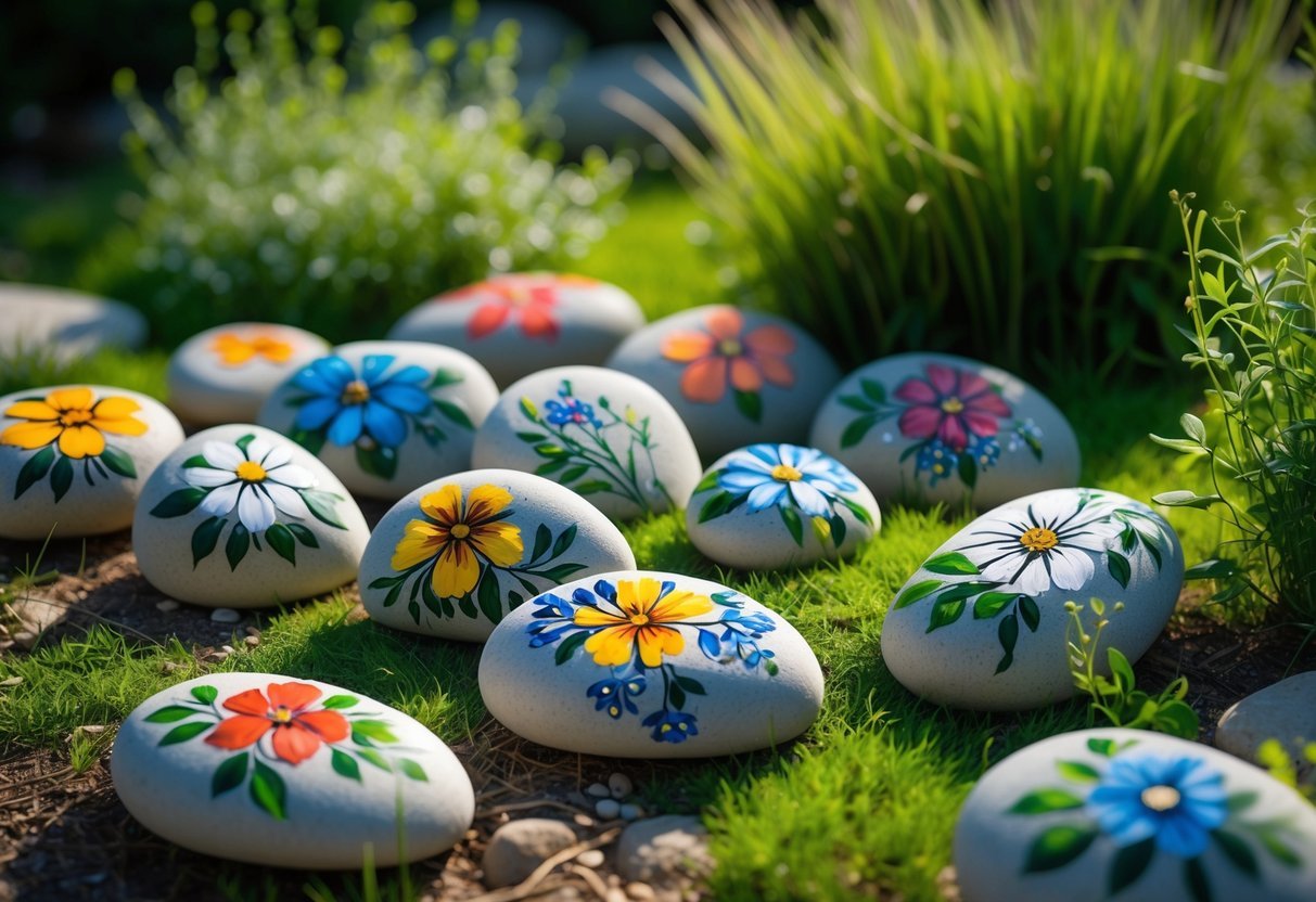 25+ Painted Rocks Garden Ideas: Stunning Designs to Transform Your Yard in the US 9 A collection of smooth stones painted with colorful floral designs arranged on grass in a garden.