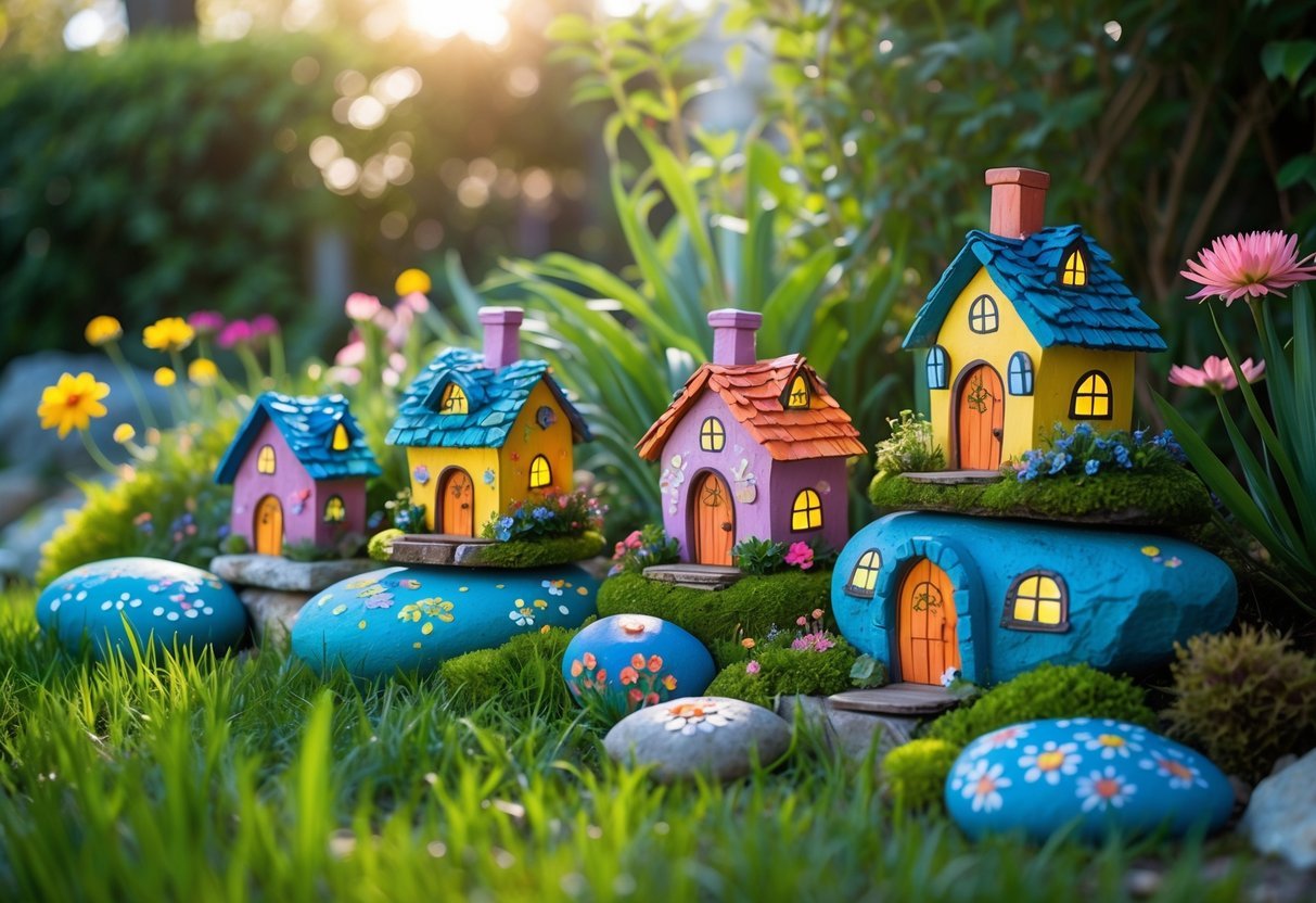 25+ Painted Rocks Garden Ideas: Stunning Designs to Transform Your Yard in the US 10 A garden scene with colorful painted rocks designed as small fairy houses surrounded by grass and flowers.