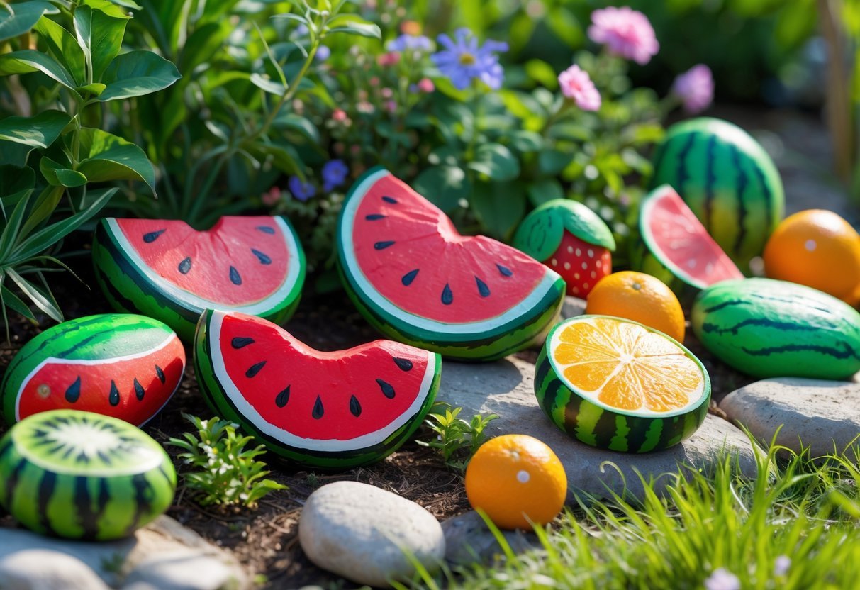 25+ Painted Rocks Garden Ideas: Stunning Designs to Transform Your Yard in the US 11 A garden with rocks painted to look like watermelon slices and other fruits arranged among green plants and flowers.