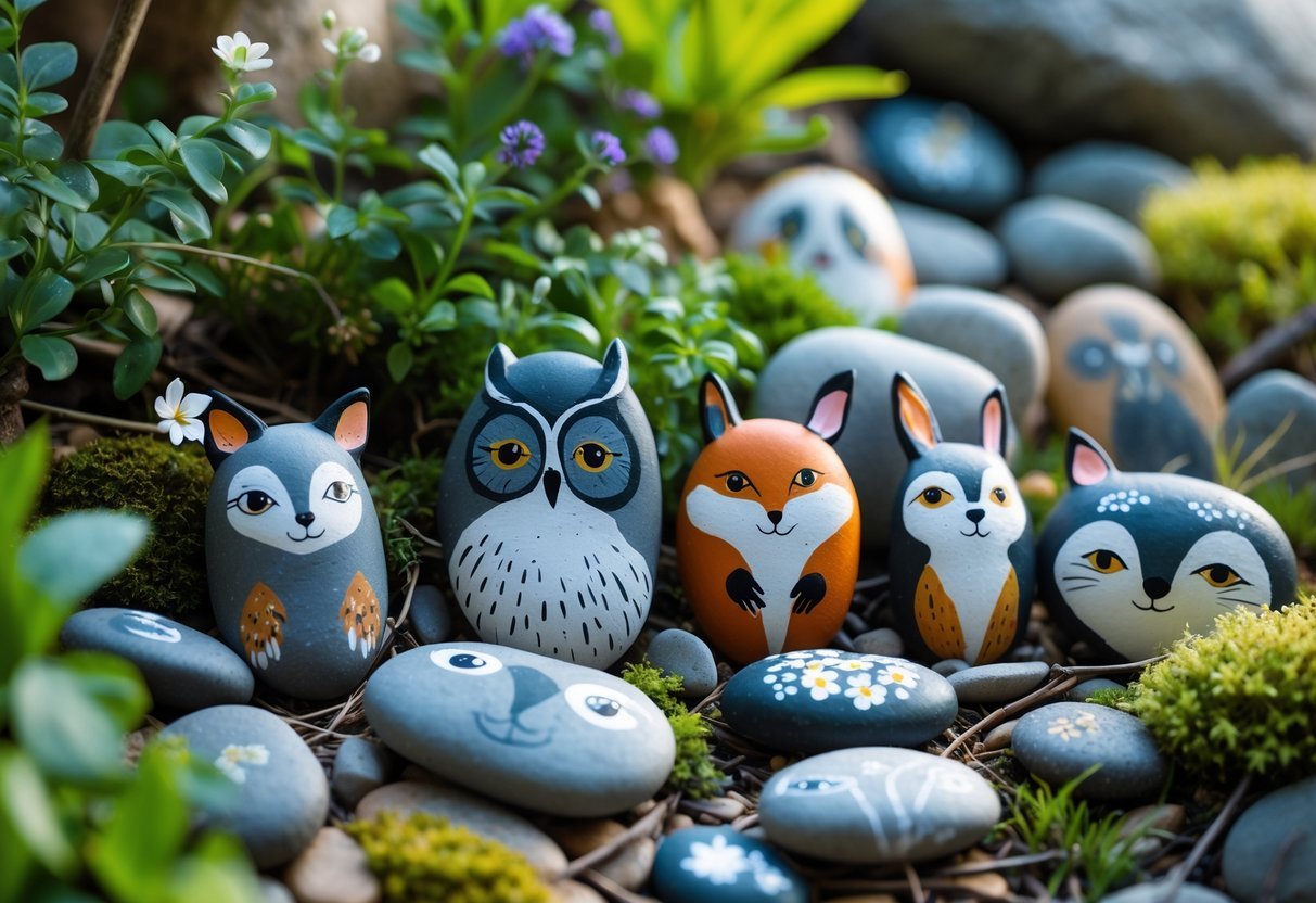 25+ Painted Rocks Garden Ideas: Stunning Designs to Transform Your Yard in the US 12 A garden scene with river pebbles painted with animal faces arranged among plants and flowers.