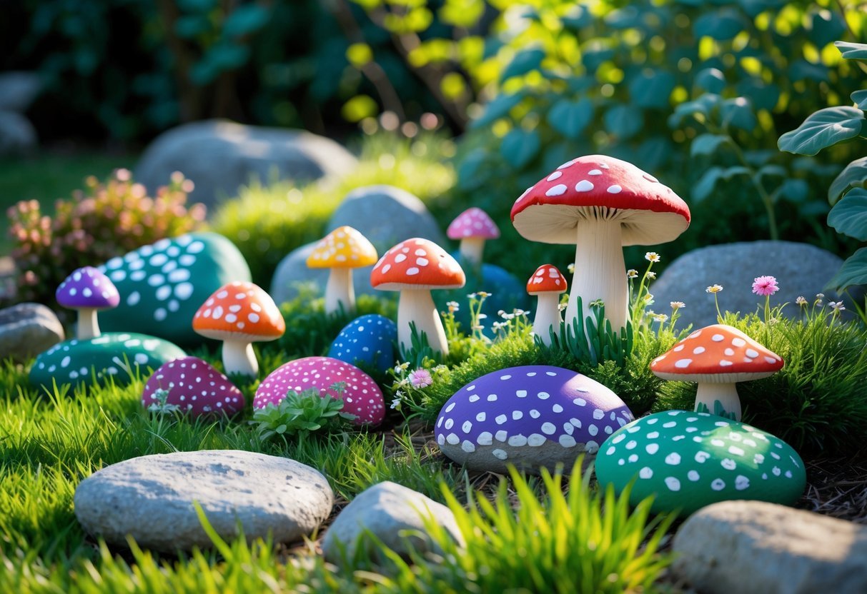 25+ Painted Rocks Garden Ideas: Stunning Designs to Transform Your Yard in the US 13 A garden with colorful mushroom-shaped painted rocks arranged among green grass and small flowers.