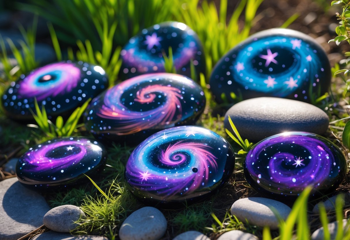 25+ Painted Rocks Garden Ideas: Stunning Designs to Transform Your Yard in the US 14 A collection of painted stones with galaxy designs arranged on grass in a garden.