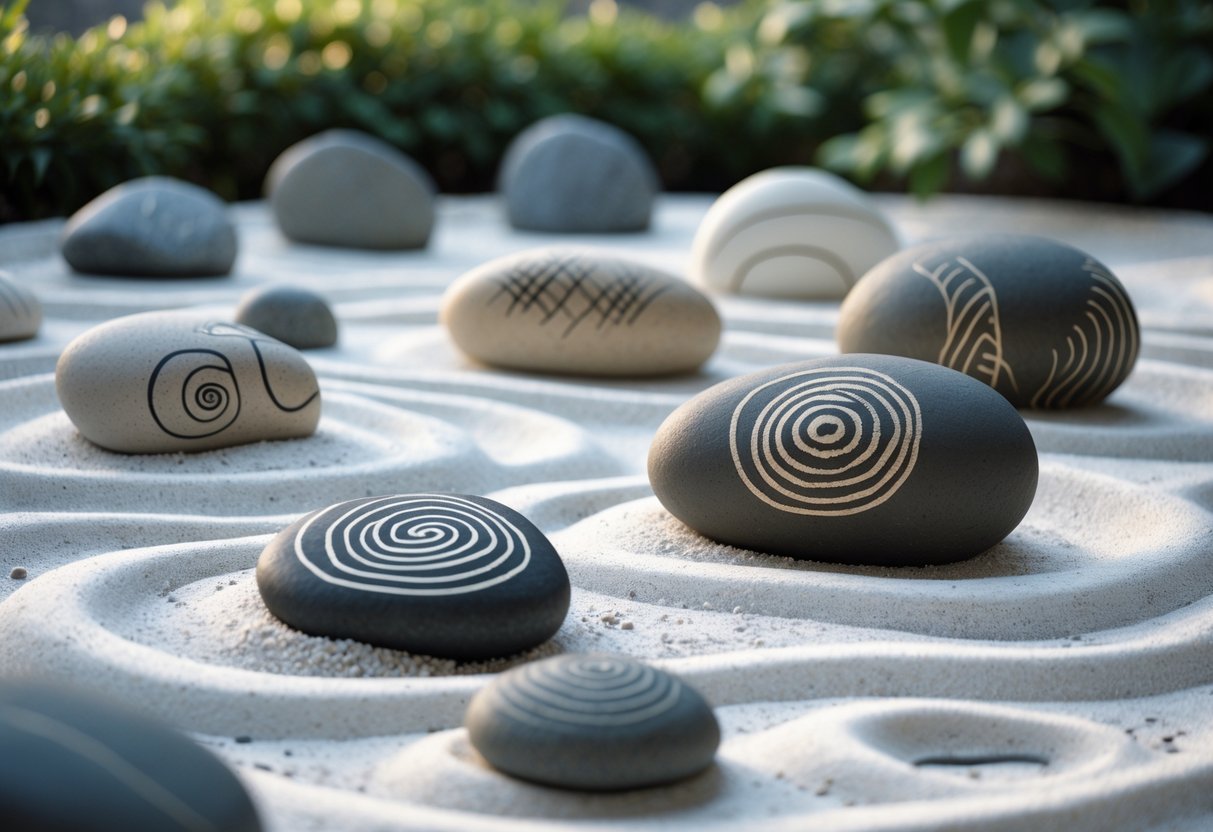 25+ Painted Rocks Garden Ideas: Stunning Designs to Transform Your Yard in the US 15 A zen garden with smooth rocks arranged on white sand, some rocks painted with simple patterns, surrounded by gently raked sand lines.