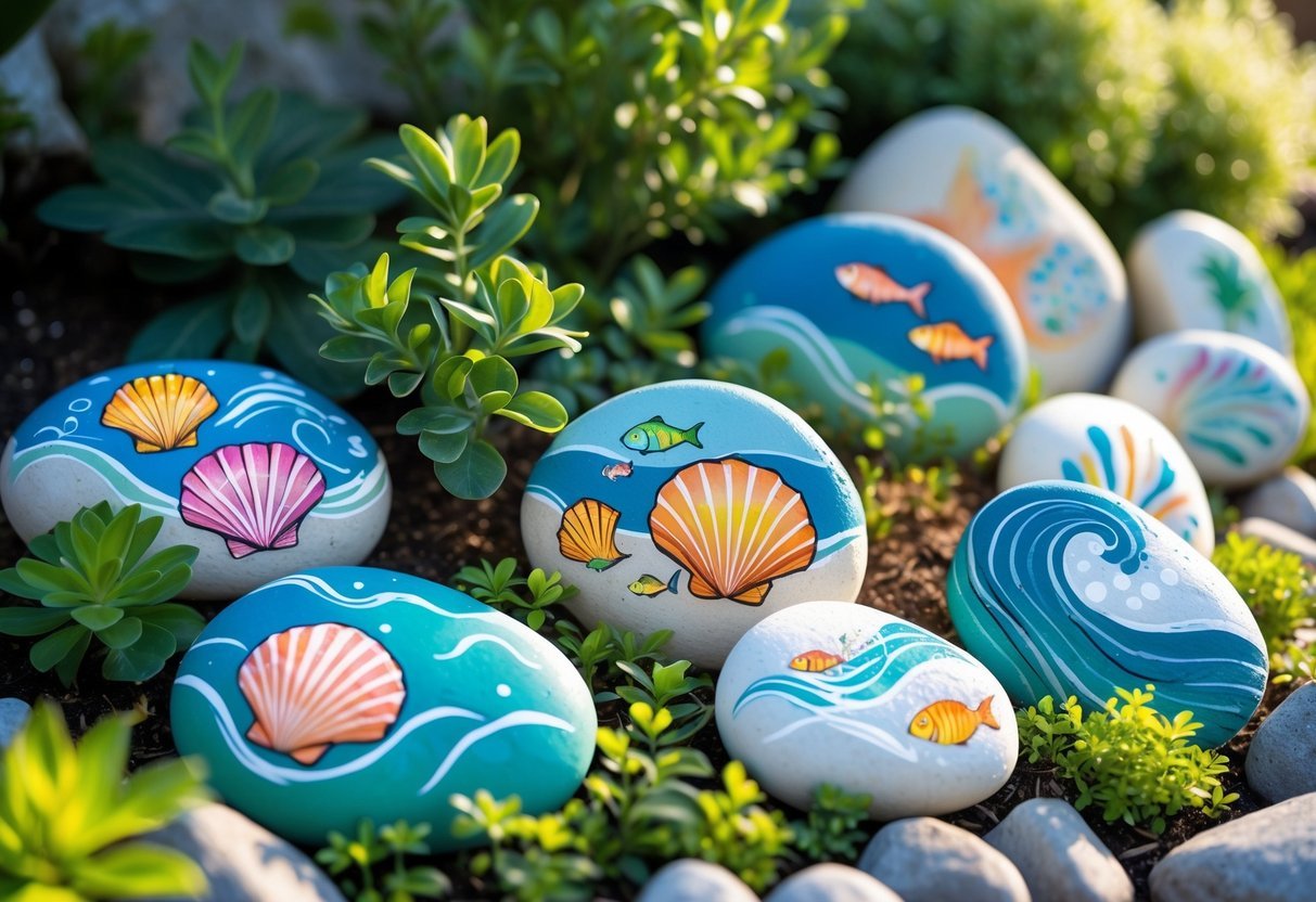 25+ Painted Rocks Garden Ideas: Stunning Designs to Transform Your Yard in the US 16 A garden scene with rocks painted with seashells, waves, and fish designs arranged among green plants.