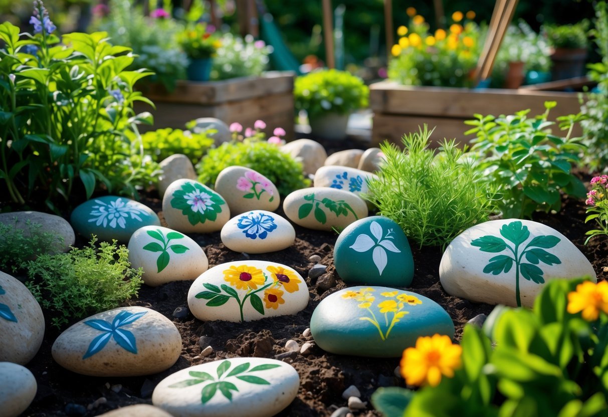 25+ Painted Rocks Garden Ideas: Stunning Designs to Transform Your Yard in the US 17 A garden bed with painted rocks used as markers among herbs and flowers, surrounded by green plants and blooming flowers.