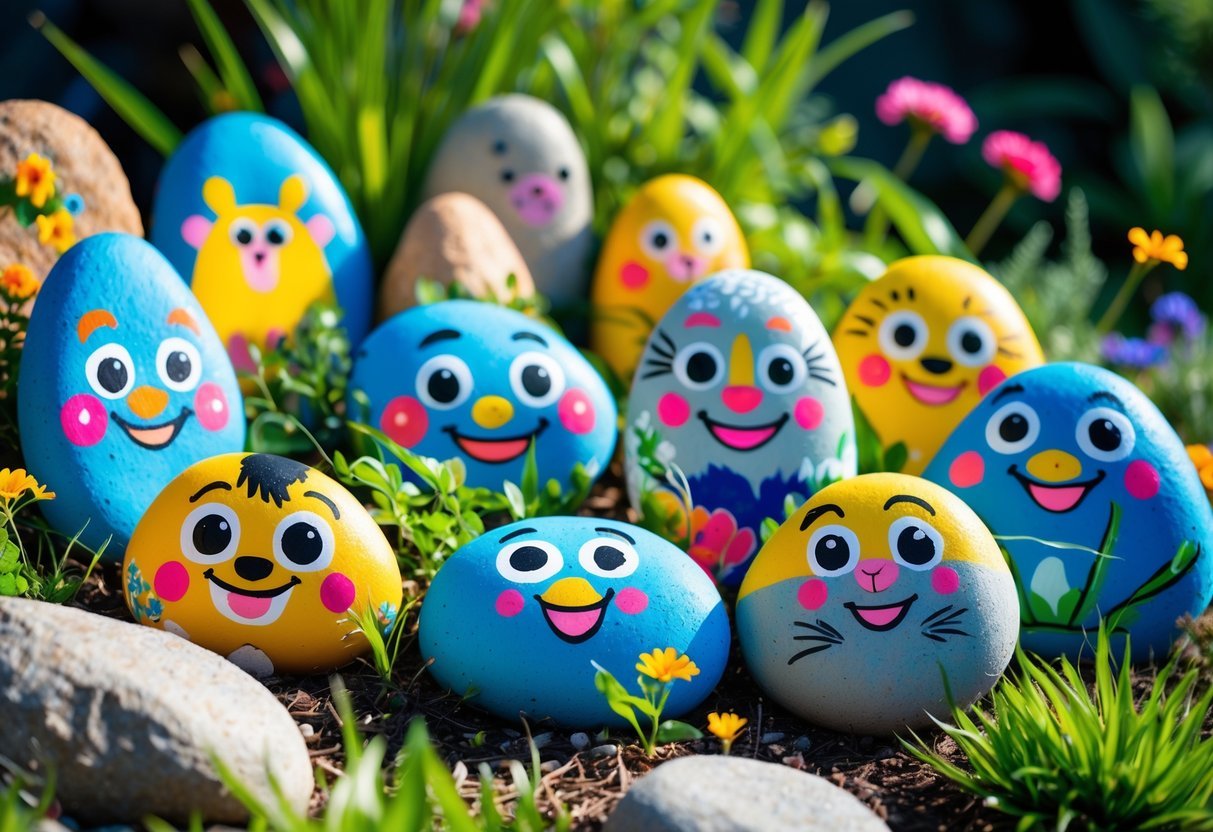 25+ Painted Rocks Garden Ideas: Stunning Designs to Transform Your Yard in the US 18 A garden with various smooth rocks painted with colorful cartoon characters arranged among grass and plants.