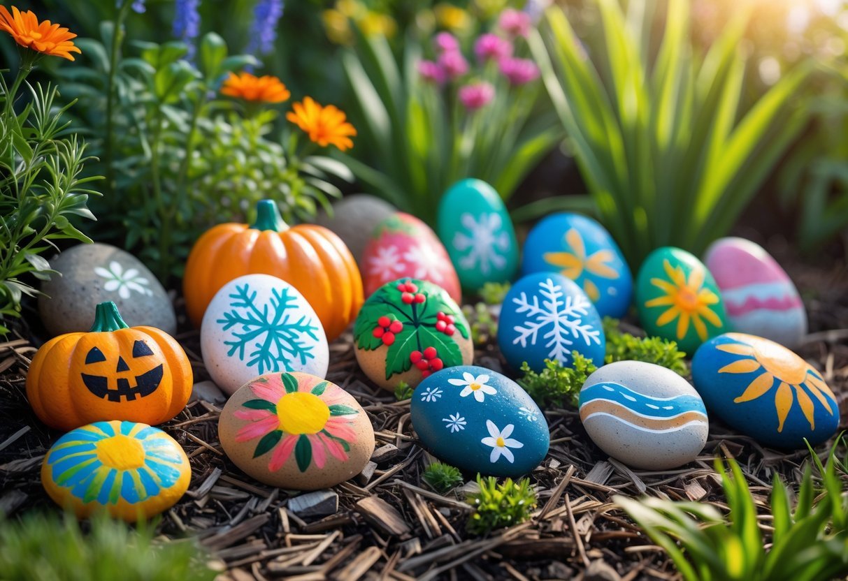 25+ Painted Rocks Garden Ideas: Stunning Designs to Transform Your Yard in the US 19 A garden with various painted rocks decorated with seasonal and holiday designs placed among grass and plants.