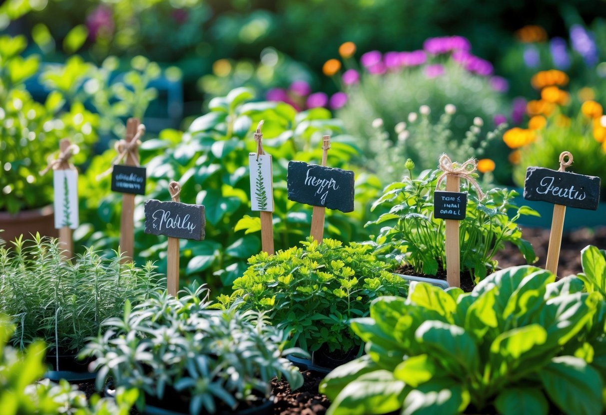 24+ Plant Marker Garden Ideas: Creative Ways to Organize Your US Backyard Efficiently 2 A sunlit garden with various plants and herbs, each marked by decorative plant markers made from wood and metal.