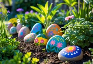 A garden bed with colorful painted rocks used as plant markers among green plants and flowers.