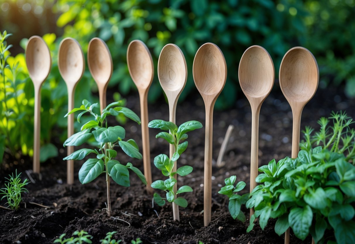 24+ Plant Marker Garden Ideas: Creative Ways to Organize Your US Backyard Efficiently 4 Wooden spoons used as plant markers stuck in soil next to green plants in a garden bed.