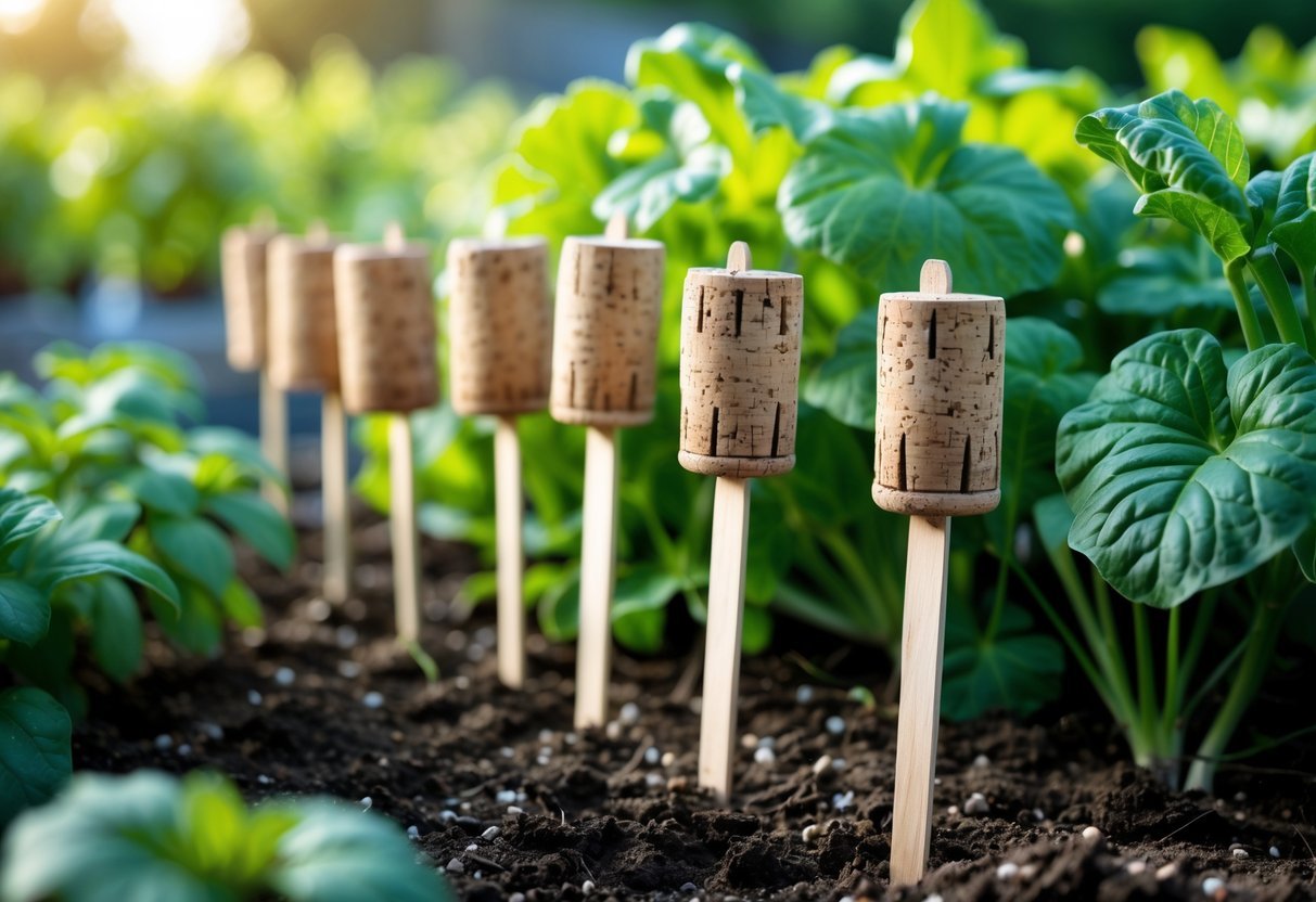 24+ Plant Marker Garden Ideas: Creative Ways to Organize Your US Backyard Efficiently 5 Wine corks attached to wooden skewers used as plant markers in a garden with green plants and soil.