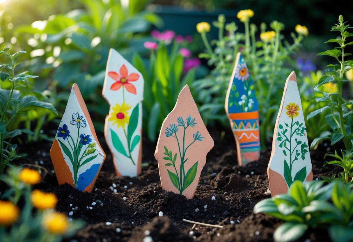 24+ Plant Marker Garden Ideas: Creative Ways to Organize Your US Backyard Efficiently 7 Five colorful clay pot shards used as plant markers placed in a garden bed among green plants and flowers.