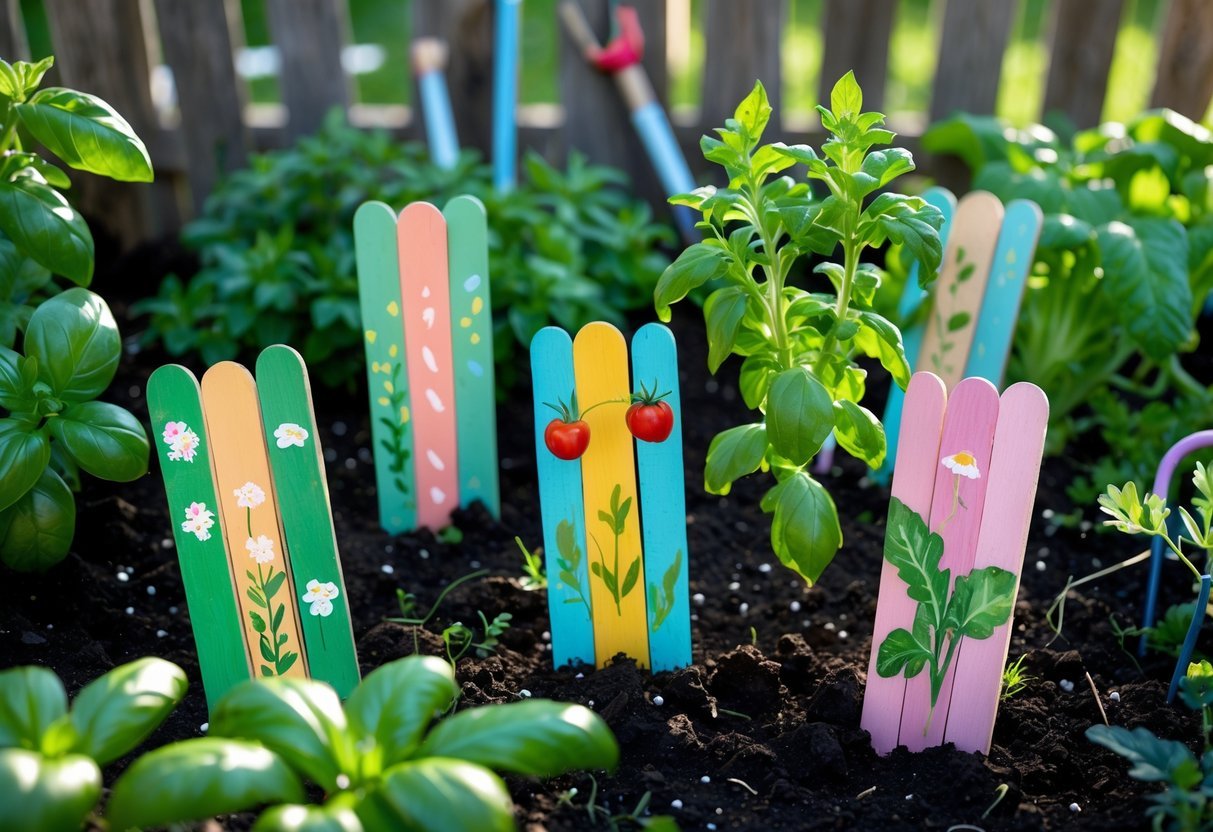 24+ Plant Marker Garden Ideas: Creative Ways to Organize Your US Backyard Efficiently 8 A garden bed with six colorful popsicle stick plant markers placed among green vegetable and herb plants.