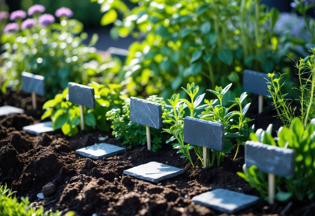 24+ Plant Marker Garden Ideas: Creative Ways to Organize Your US Backyard Efficiently 9 A garden bed with green plants and herbs marked by small dark slate tiles placed in the soil.