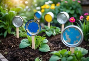 Garden with colorful plant markers made from recycled tin can lids placed in soil among green plants.