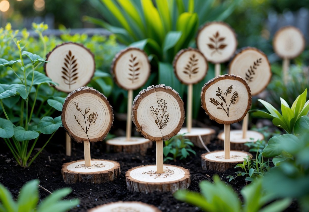 24+ Plant Marker Garden Ideas: Creative Ways to Organize Your US Backyard Efficiently 11 A garden with round wooden slices engraved with plant designs used as markers among green plants and soil.