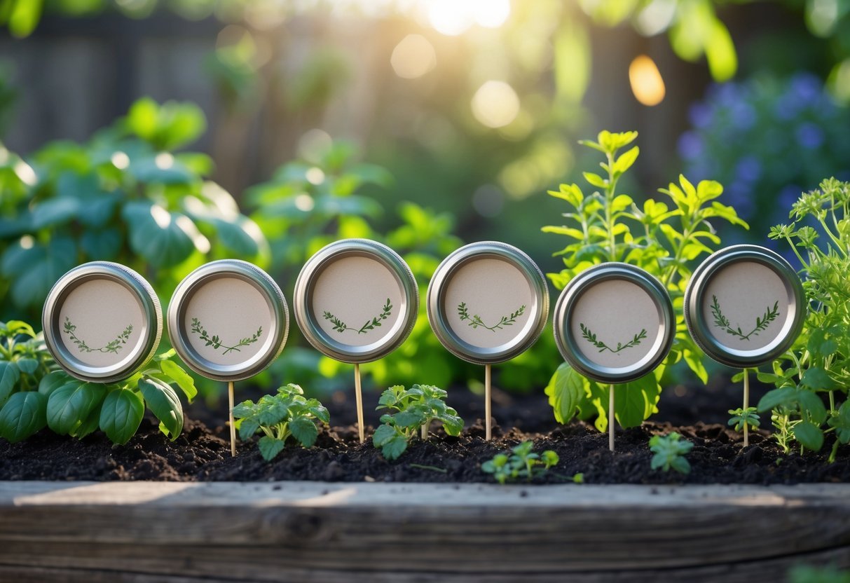 24+ Plant Marker Garden Ideas: Creative Ways to Organize Your US Backyard Efficiently 12 Mason jar lids used as plant markers placed among green plants in a garden.