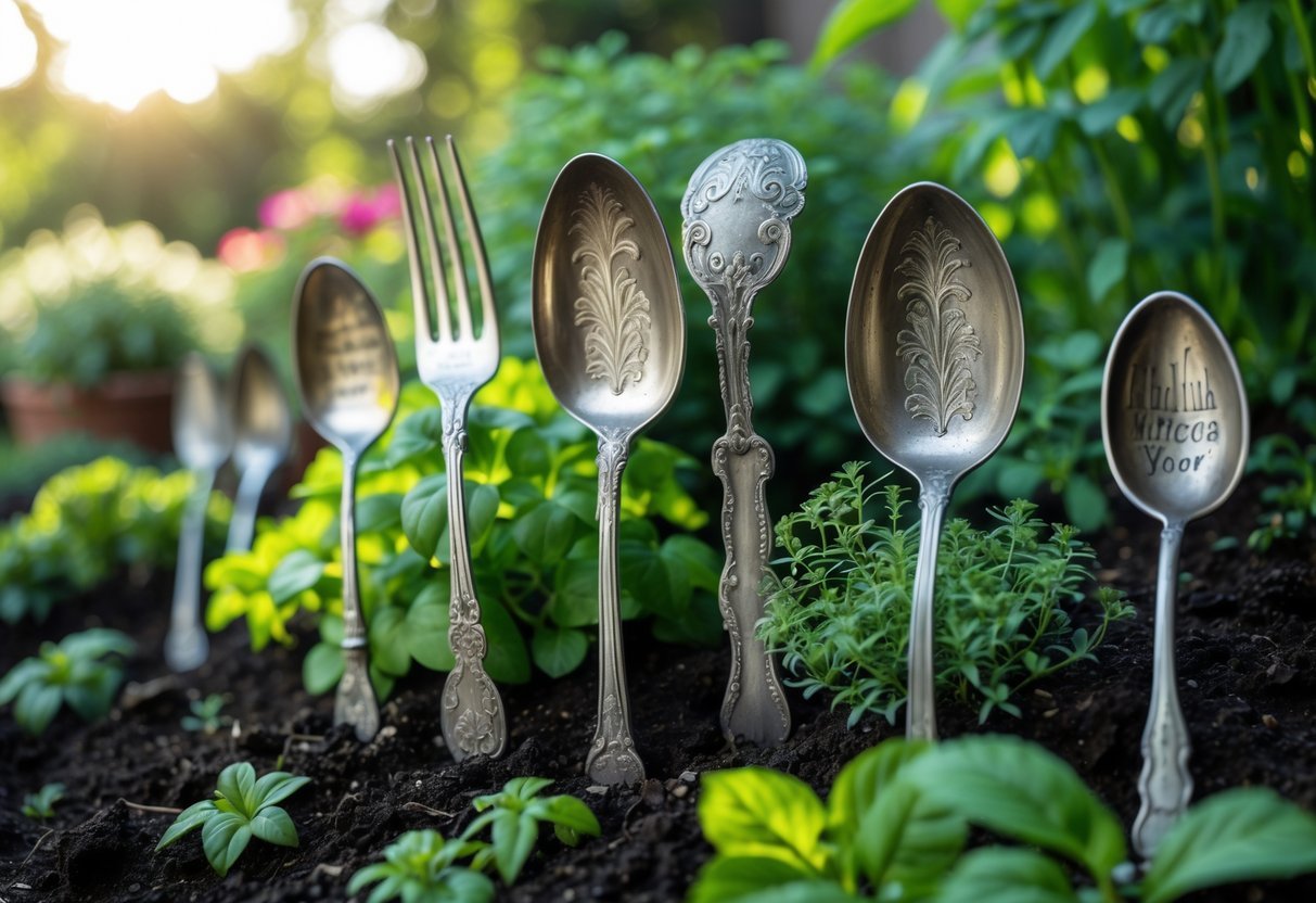 24+ Plant Marker Garden Ideas: Creative Ways to Organize Your US Backyard Efficiently 13 Old engraved silverware pieces used as plant markers in a garden bed with green plants and soil.