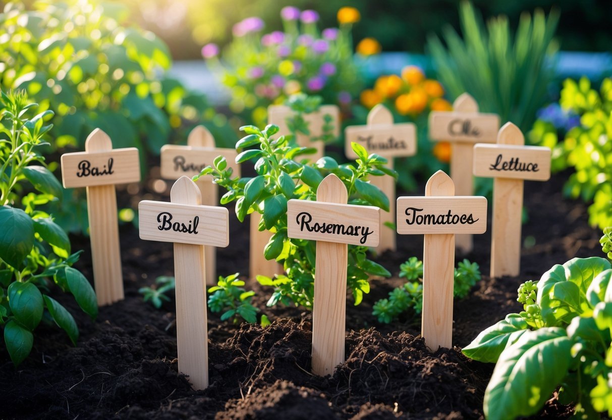 24+ Plant Marker Garden Ideas: Creative Ways to Organize Your US Backyard Efficiently 14 Wooden garden stakes with plant names stenciled on them placed in soil among green herbs and vegetables in a garden.