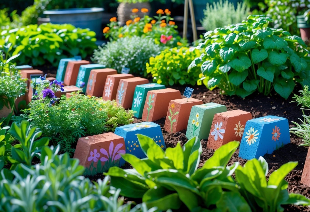 24+ Plant Marker Garden Ideas: Creative Ways to Organize Your US Backyard Efficiently 15 A garden bed with colorful painted bricks used as plant markers among green plants and flowers.
