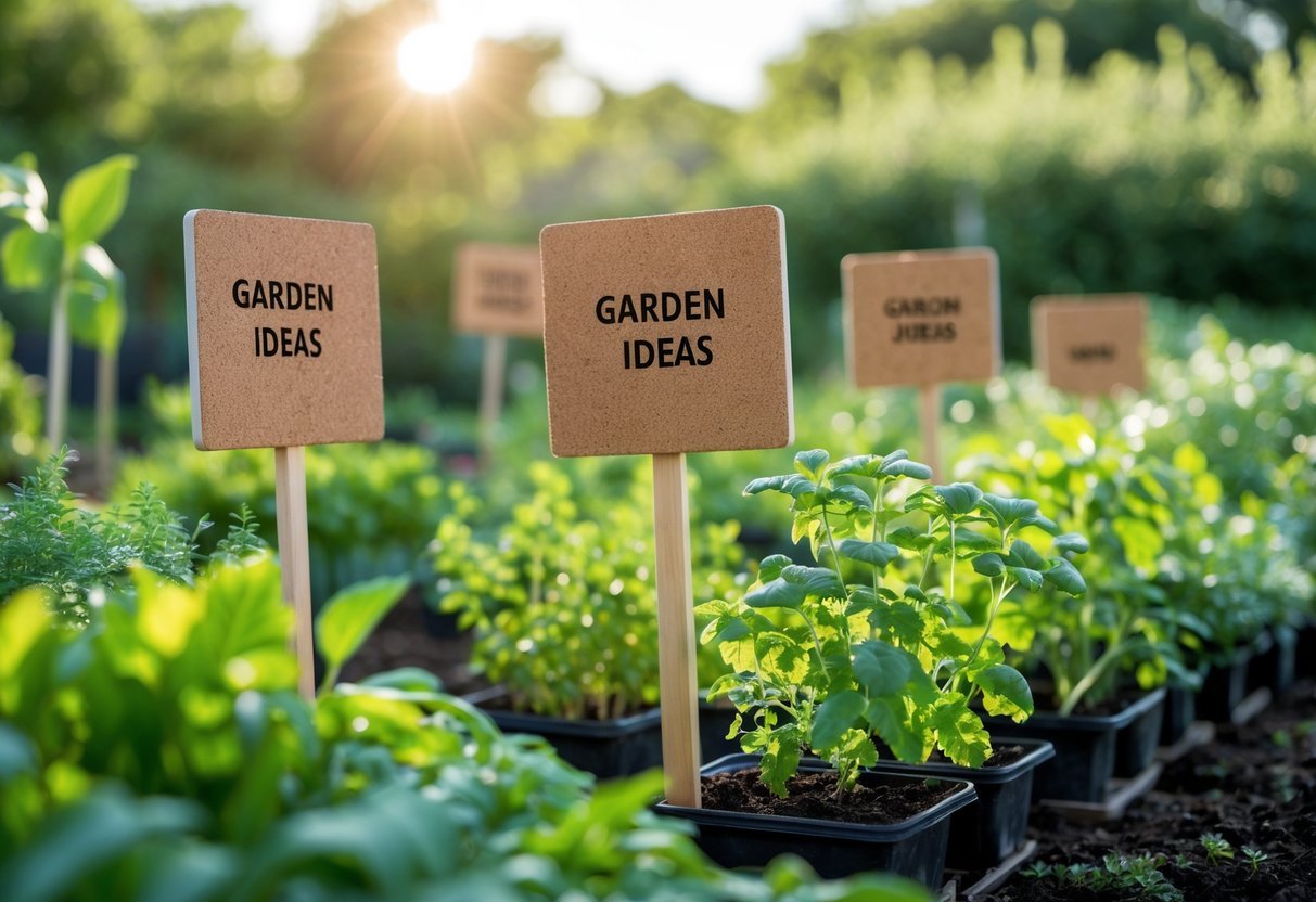 24+ Plant Marker Garden Ideas: Creative Ways to Organize Your US Backyard Efficiently 16 A garden with several corkboard signs on wooden stakes used as plant markers among green plants and herbs.
