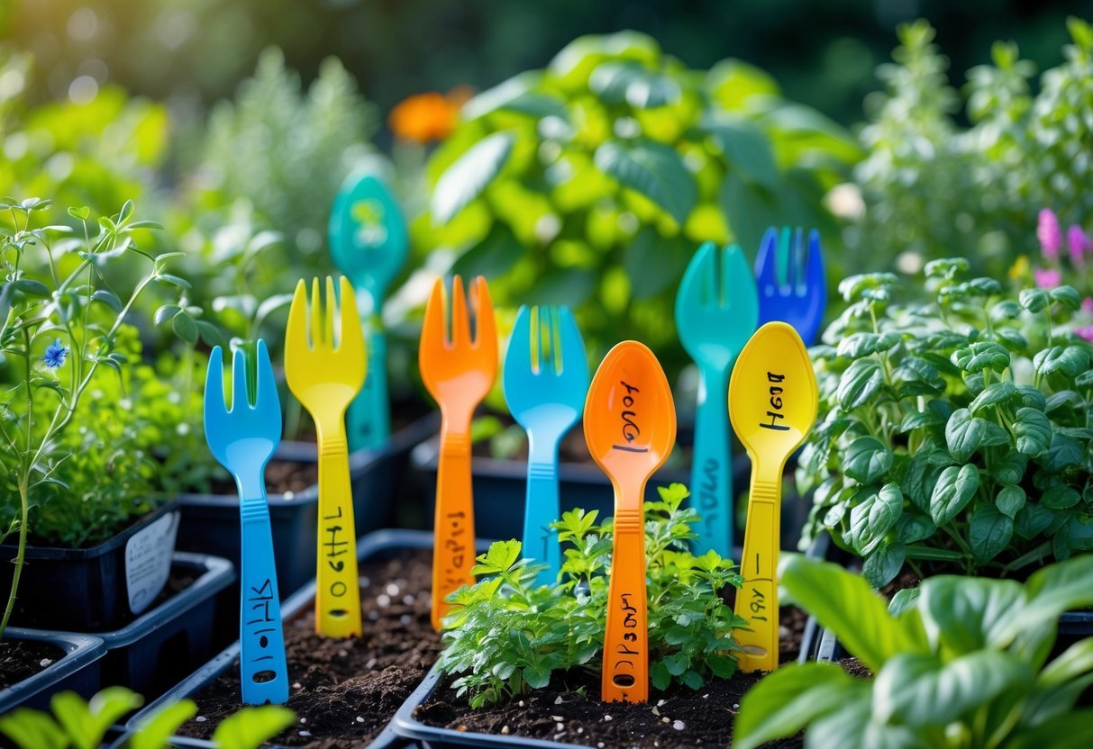 24+ Plant Marker Garden Ideas: Creative Ways to Organize Your US Backyard Efficiently 17 A garden with green plants and herbs marked by colorful reused plastic forks and spoons used as plant labels.