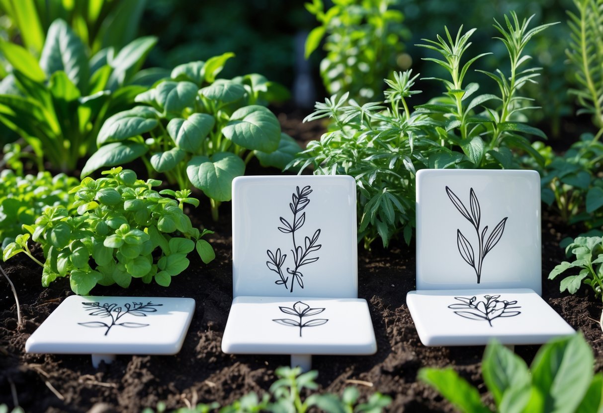24+ Plant Marker Garden Ideas: Creative Ways to Organize Your US Backyard Efficiently 18 Ceramic tiles used as plant markers placed in a garden bed among green plants and herbs.