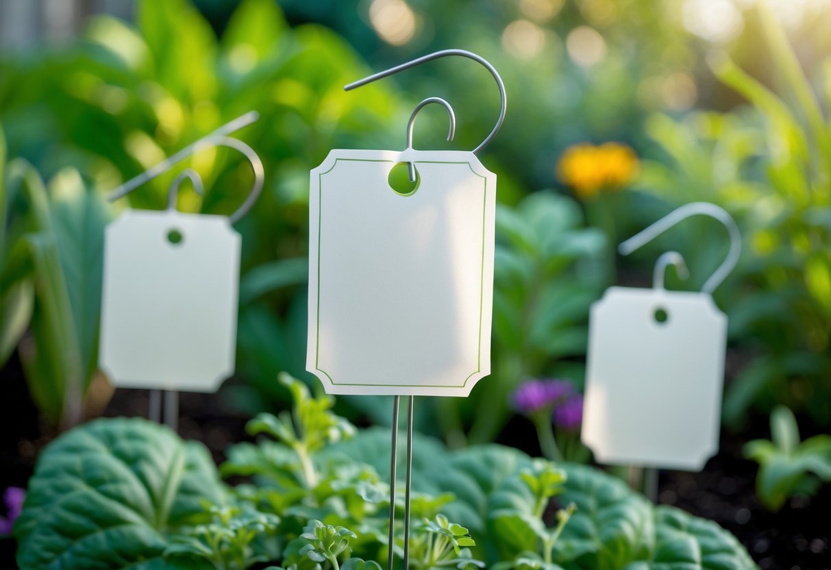 24+ Plant Marker Garden Ideas: Creative Ways to Organize Your US Backyard Efficiently 19 Laminated paper tags attached to wire plant markers placed among green garden plants.