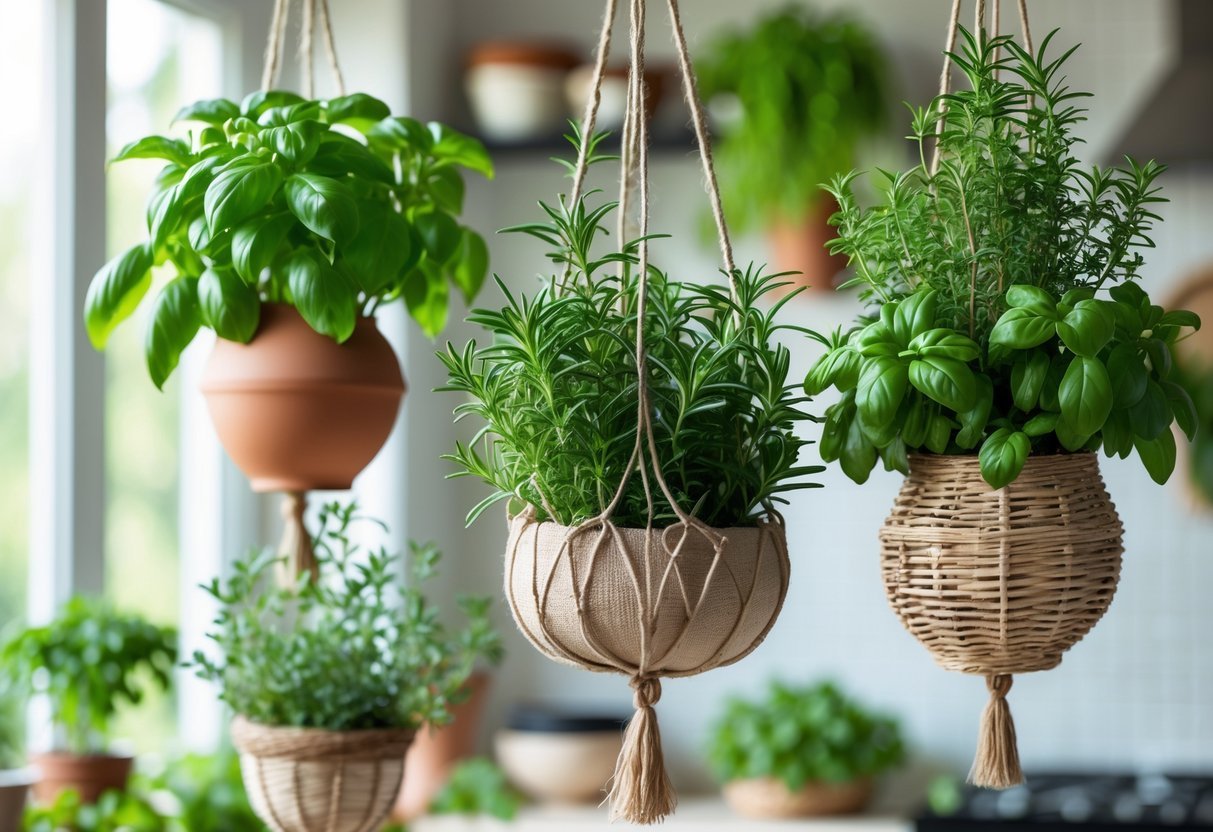 19+ Hanging Herb Garden Ideas: Easy Designs to Maximize Small Spaces in the US 2 A hanging herb garden with various green herbs in different hanging pots against a bright background.