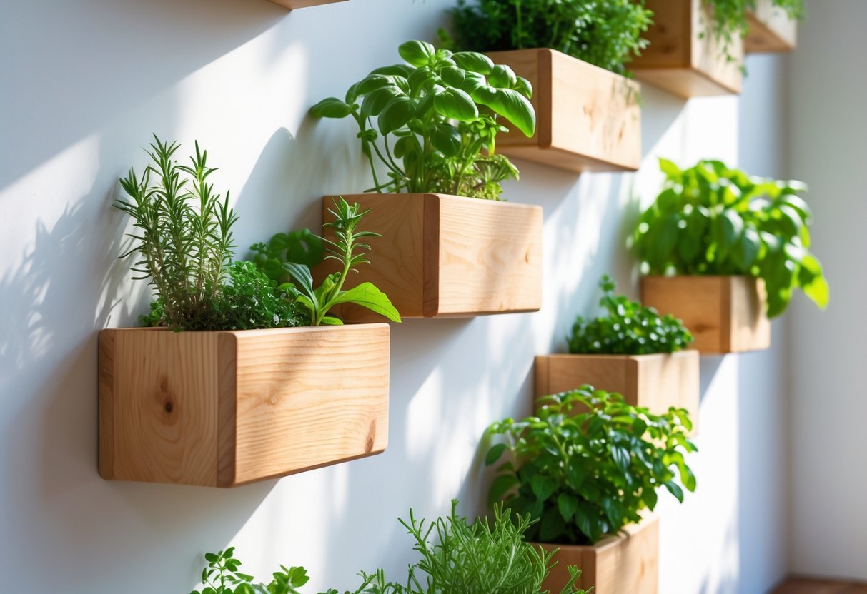 19+ Hanging Herb Garden Ideas: Easy Designs to Maximize Small Spaces in the US 3 Wall-mounted wooden planter boxes filled with fresh green herbs hanging on a white wall.