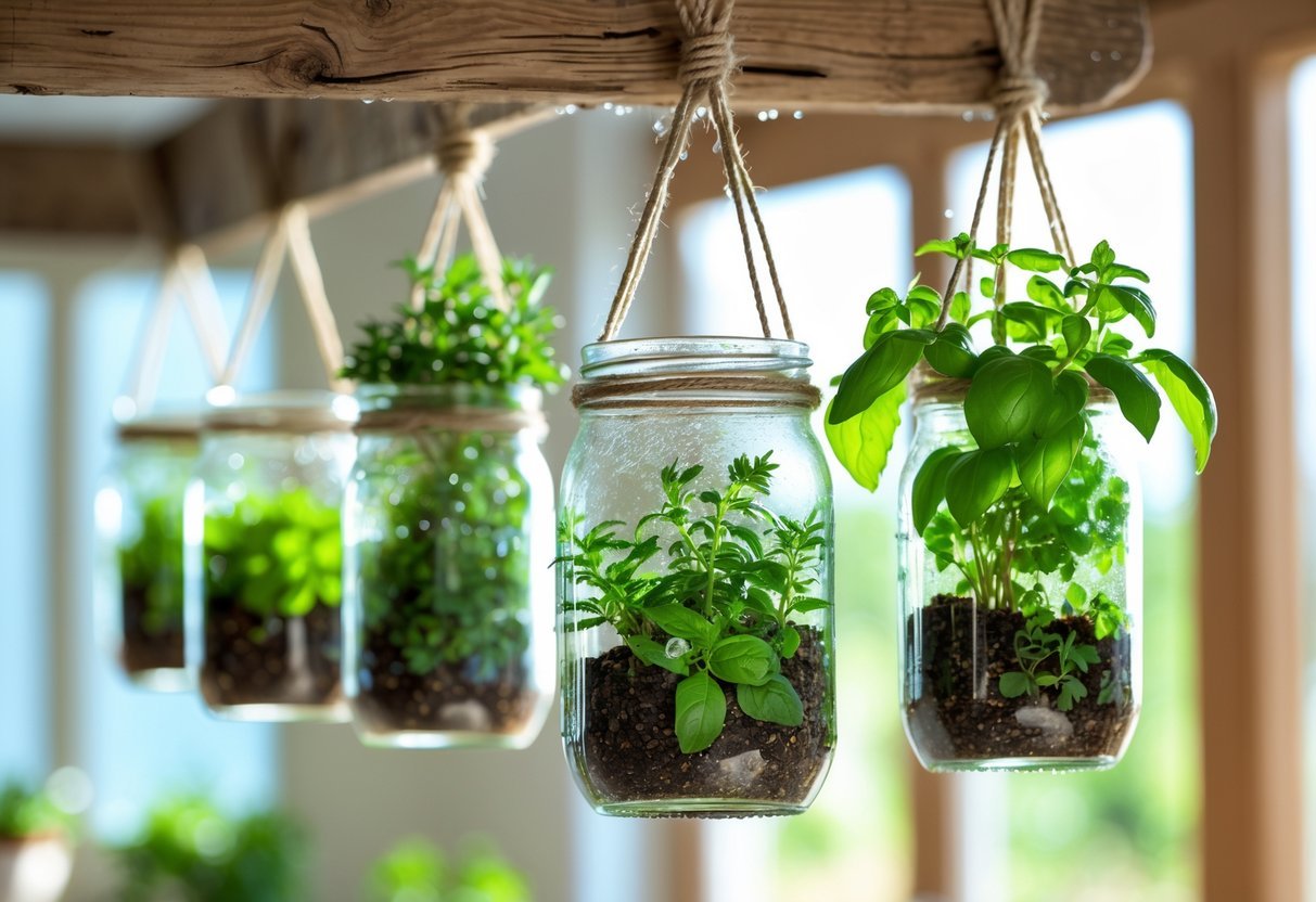 19+ Hanging Herb Garden Ideas: Easy Designs to Maximize Small Spaces in the US 4 Several glass mason jars hanging by twine, each containing green herbs growing in soil, indoors near a window with natural light.