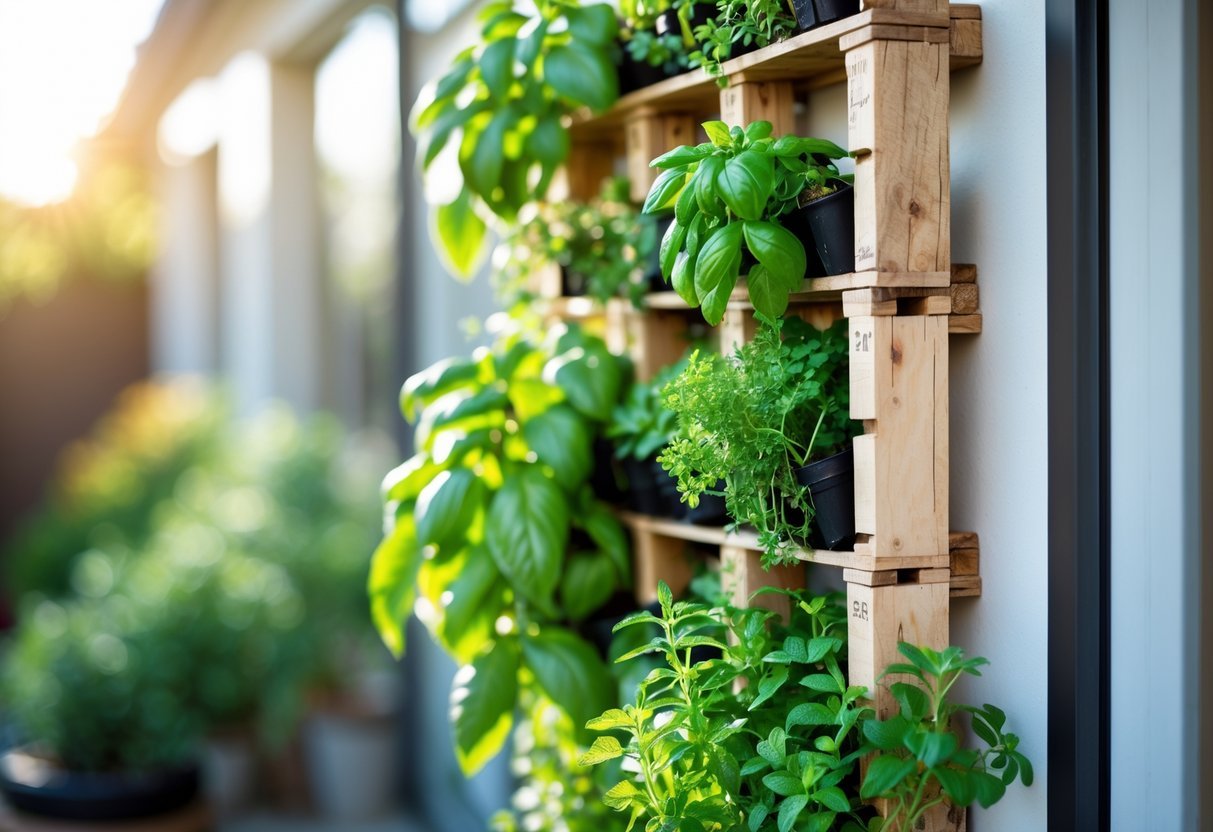 19+ Hanging Herb Garden Ideas: Easy Designs to Maximize Small Spaces in the US 5 A vertical wooden pallet hanging on a wall, filled with various fresh green herbs growing in compartments.