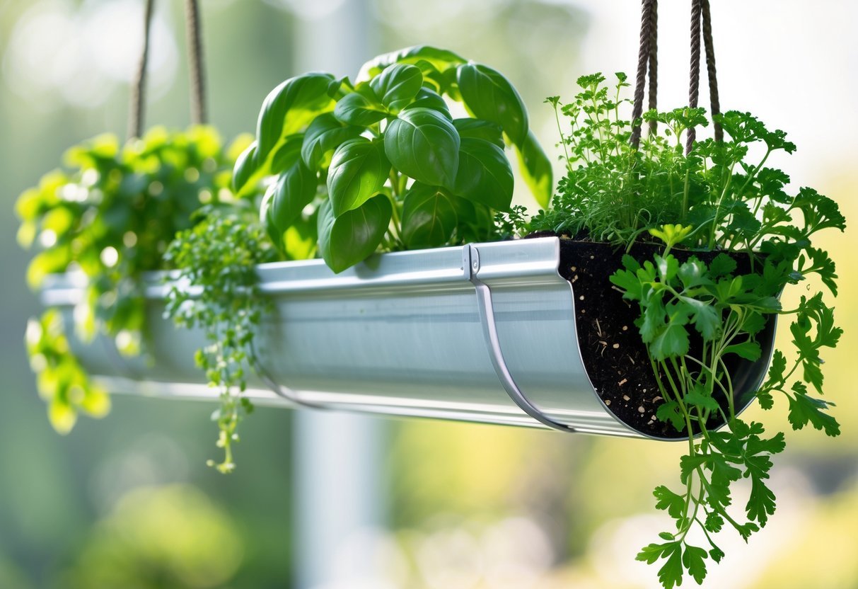 19+ Hanging Herb Garden Ideas: Easy Designs to Maximize Small Spaces in the US 6 A hanging metal gutter planter filled with green herbs suspended outdoors.