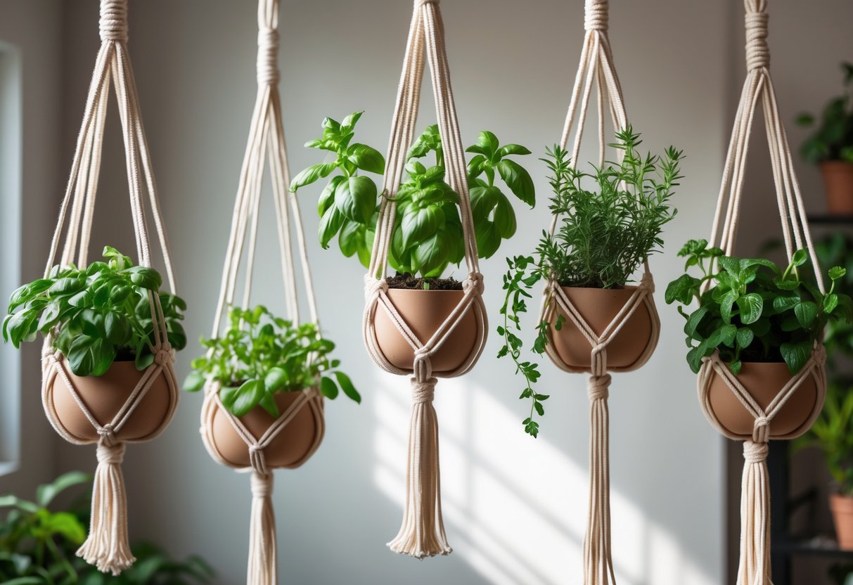 19+ Hanging Herb Garden Ideas: Easy Designs to Maximize Small Spaces in the US 7 Five macramé hanging pot holders with green herb plants hanging indoors against a neutral background.