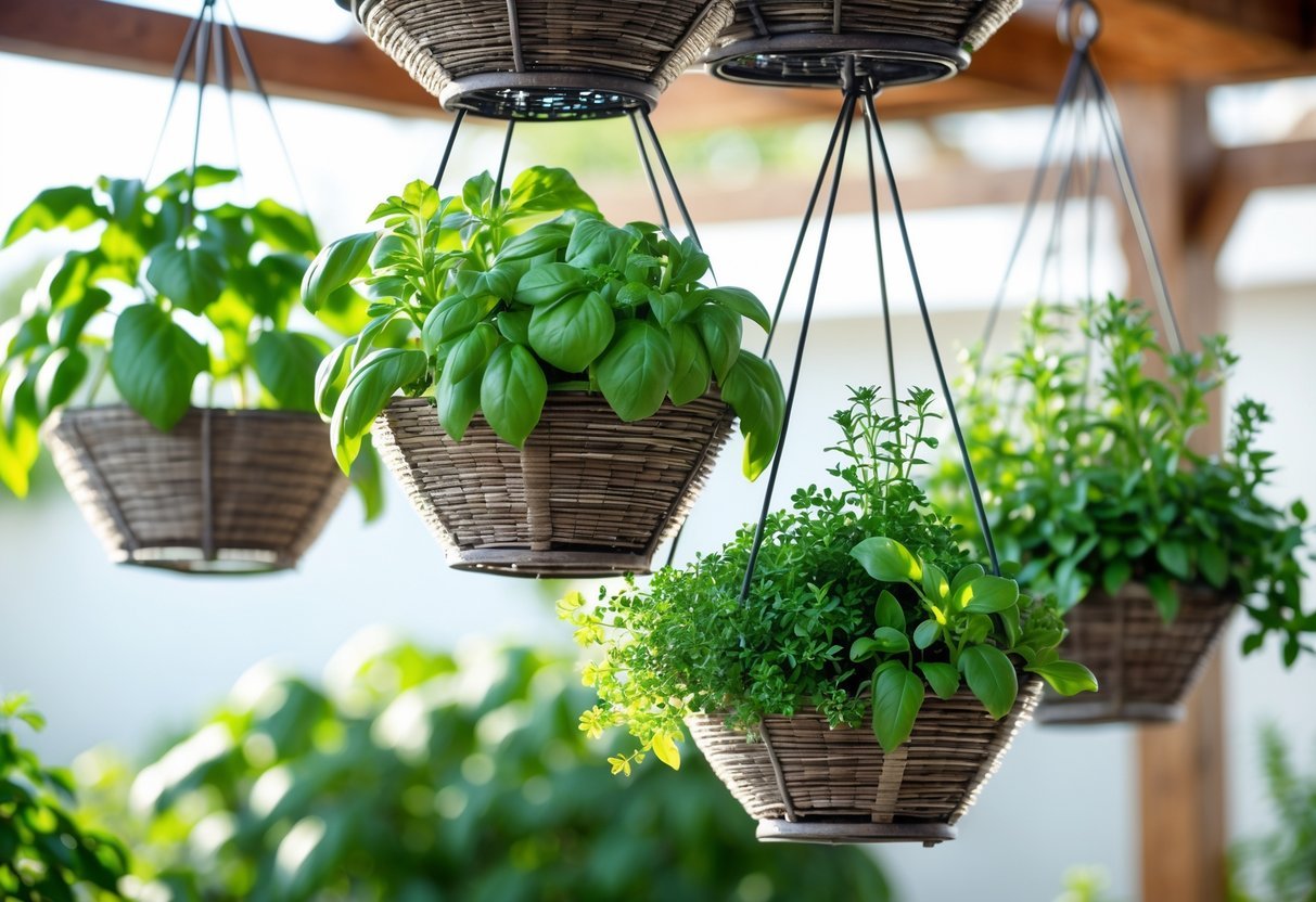 19+ Hanging Herb Garden Ideas: Easy Designs to Maximize Small Spaces in the US 8 Tiered hanging basket planters filled with various green herbs growing in a bright garden setting.