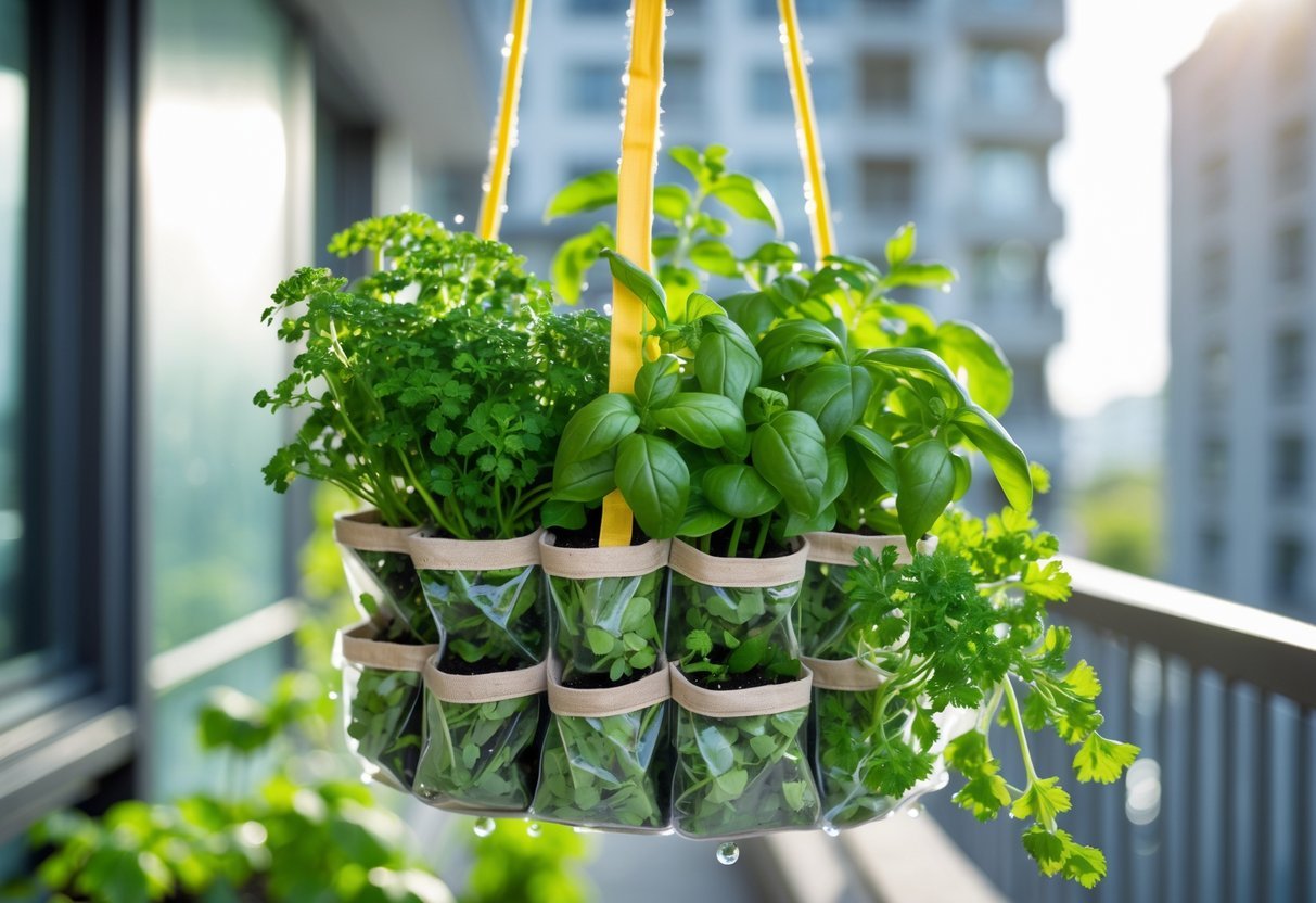 19+ Hanging Herb Garden Ideas: Easy Designs to Maximize Small Spaces in the US 9 A hanging fabric shoe organizer filled with various green herbs on a balcony railing.