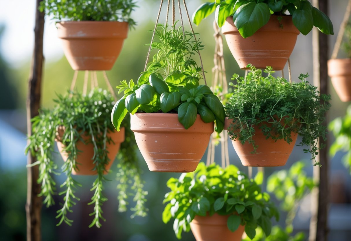 19+ Hanging Herb Garden Ideas: Easy Designs to Maximize Small Spaces in the US 10 Several terracotta pots hanging at different heights, each filled with green herbs like basil and rosemary.