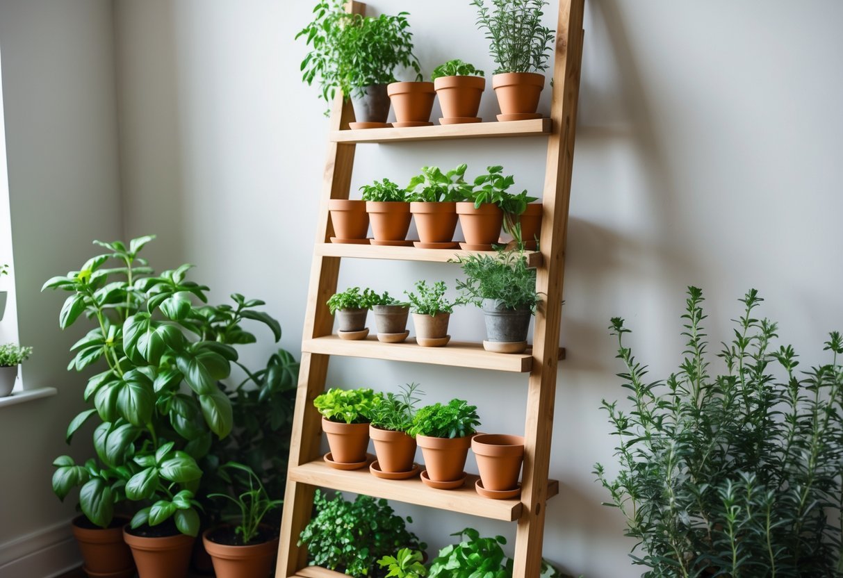 19+ Hanging Herb Garden Ideas: Easy Designs to Maximize Small Spaces in the US 11 A wooden ladder shelf with hanging terracotta pots filled with fresh green herbs indoors.