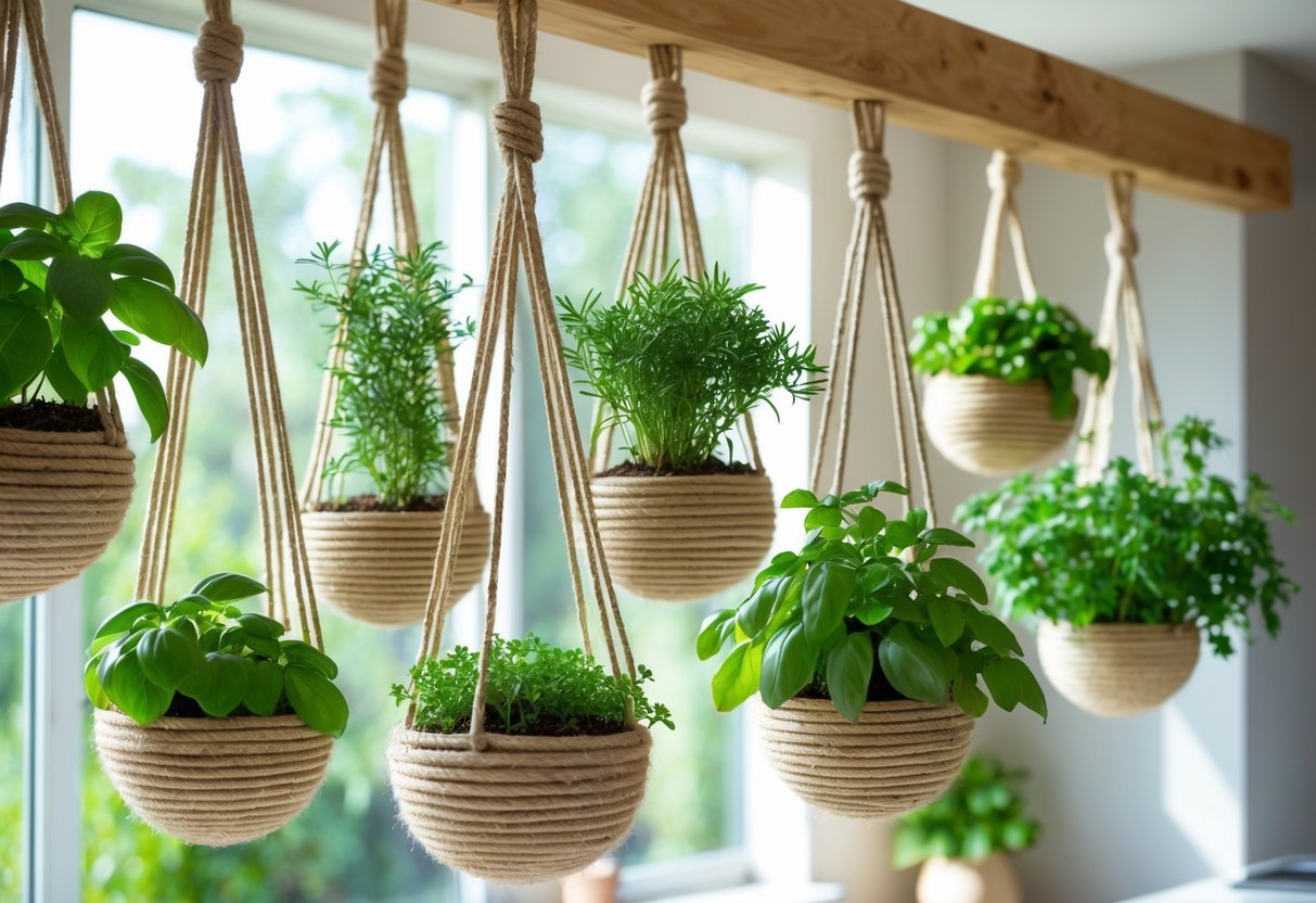 19+ Hanging Herb Garden Ideas: Easy Designs to Maximize Small Spaces in the US 12 Ten hanging rope planters holding various fresh herbs displayed indoors with natural light.