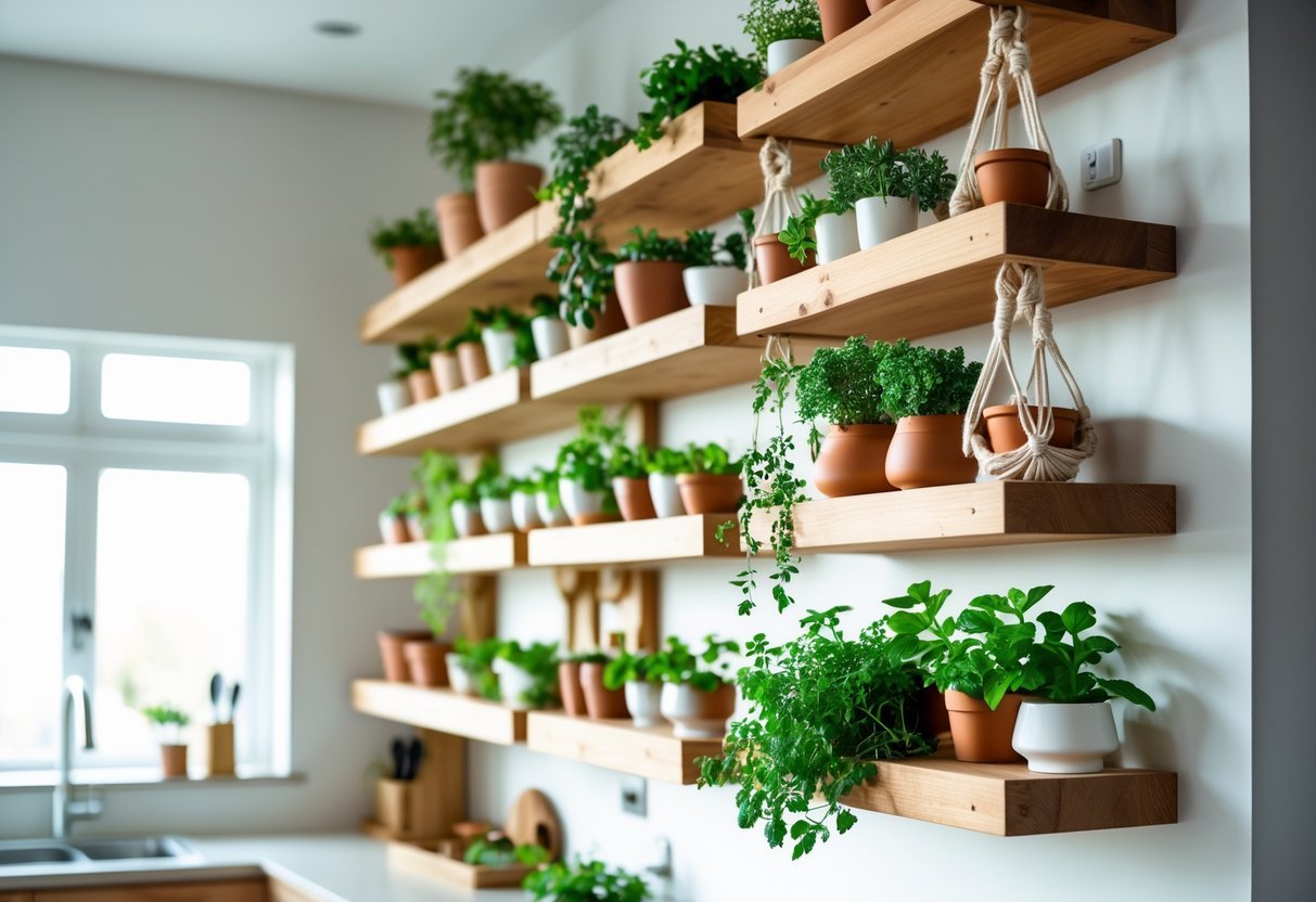 19+ Hanging Herb Garden Ideas: Easy Designs to Maximize Small Spaces in the US 14 Floating wooden shelves with various potted herbs, some hanging, displayed on a kitchen wall.