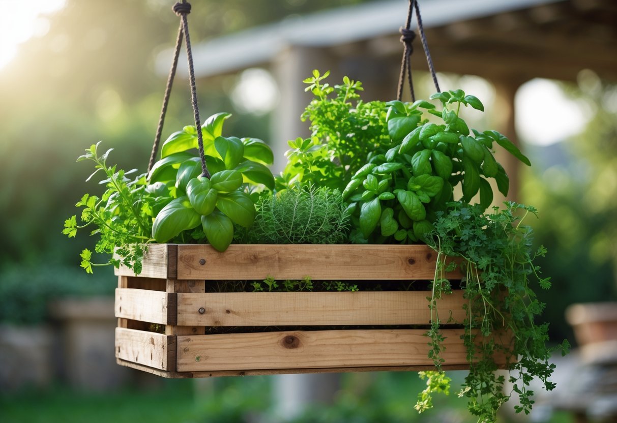 19+ Hanging Herb Garden Ideas: Easy Designs to Maximize Small Spaces in the US 15 A hanging wooden crate filled with fresh green herbs suspended outdoors.