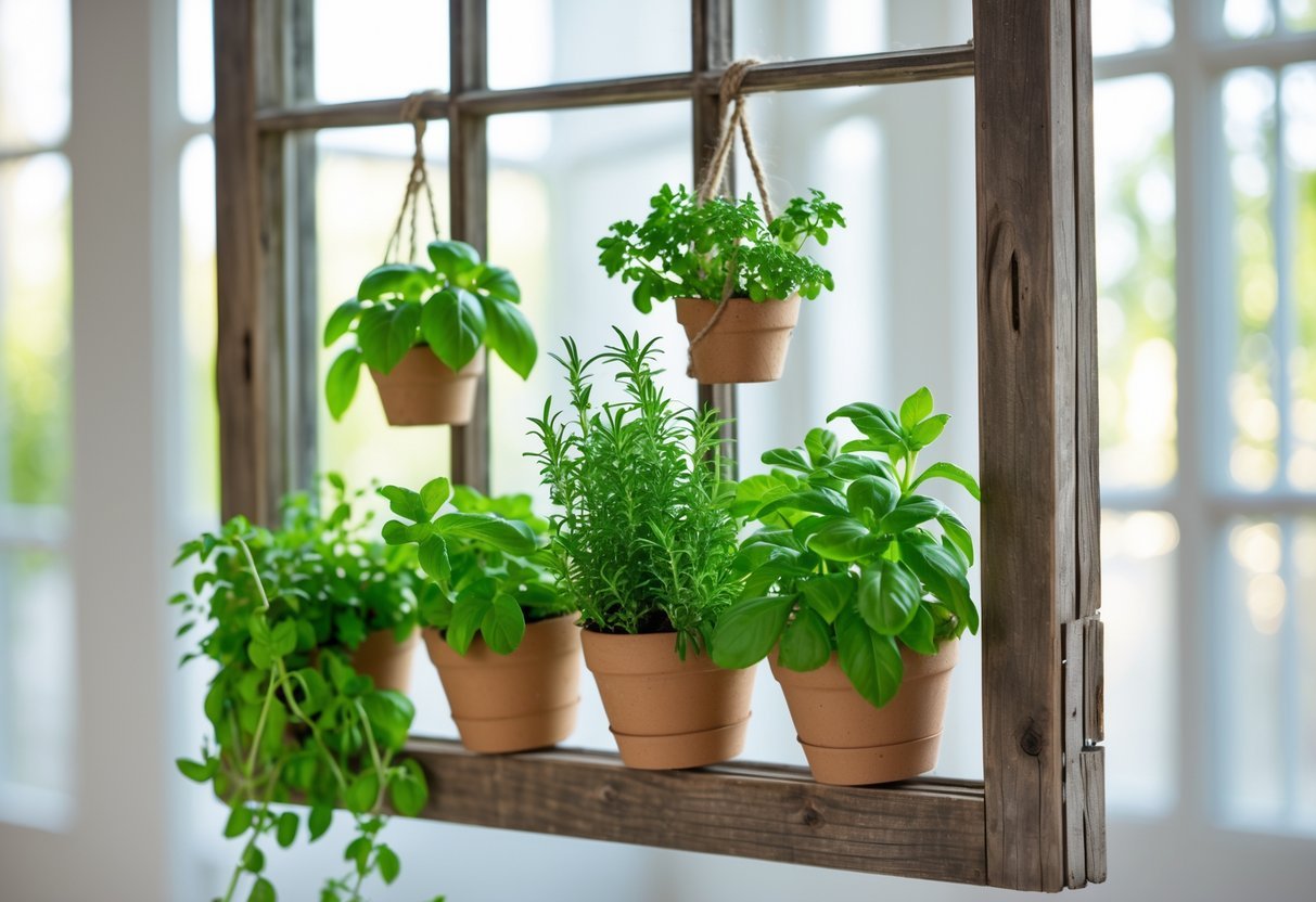 19+ Hanging Herb Garden Ideas: Easy Designs to Maximize Small Spaces in the US 16 A wooden window frame hanging vertically with small pots of green herbs attached, displayed indoors with natural light.